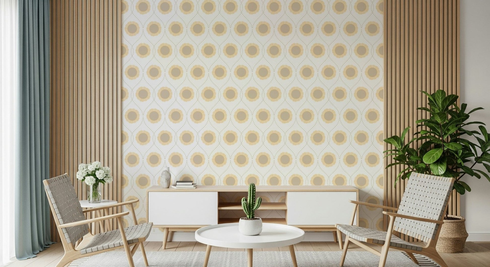 Radiant Sunburst Pattern Wallpaper behind a comfortable seating area.