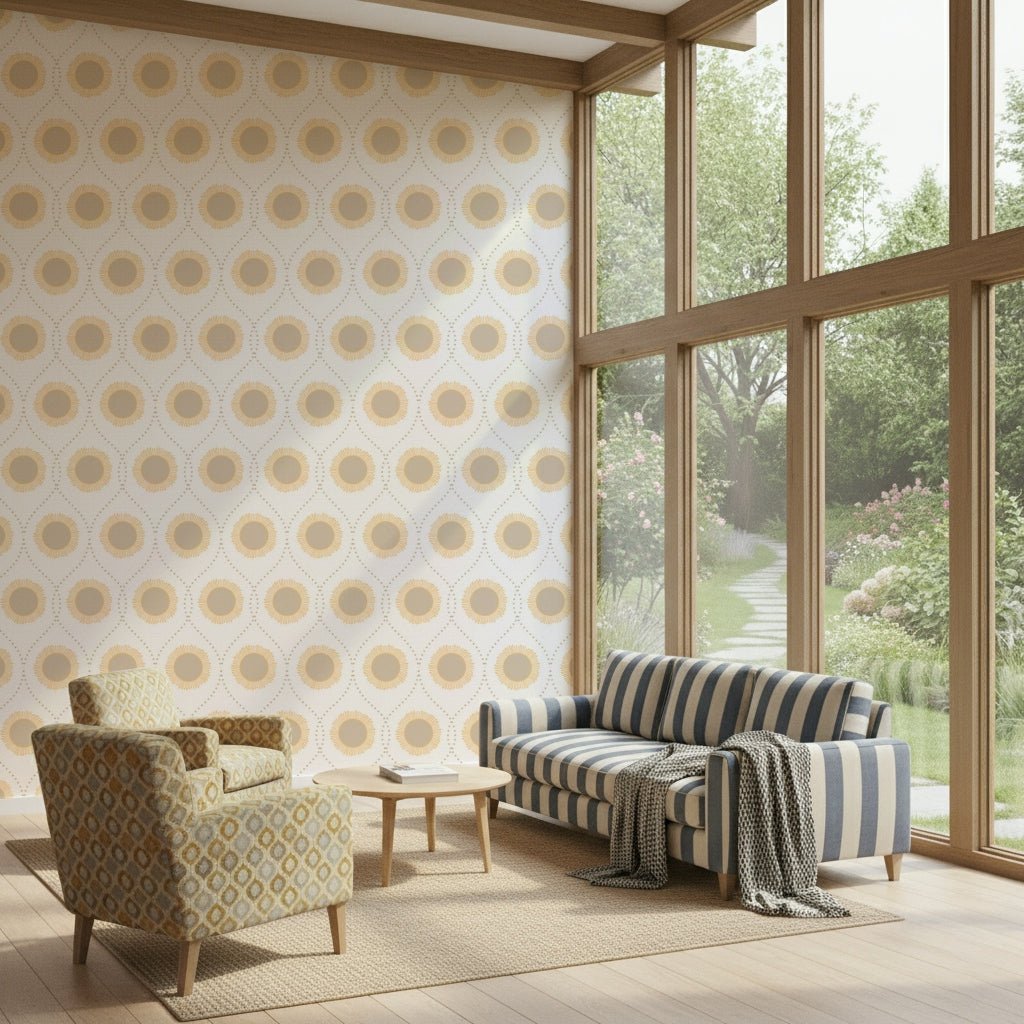 Soft beige and gold colors of Radiant Sunburst Pattern Wallpaper.