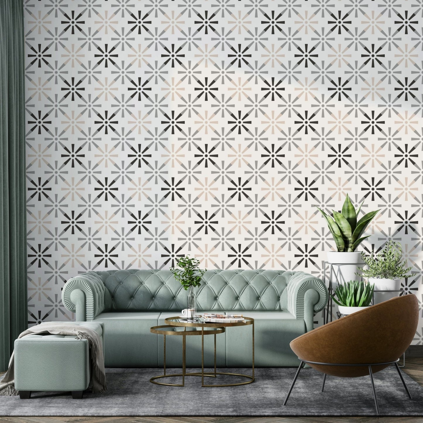 Neutral mural wallpaper with radiant shapes

