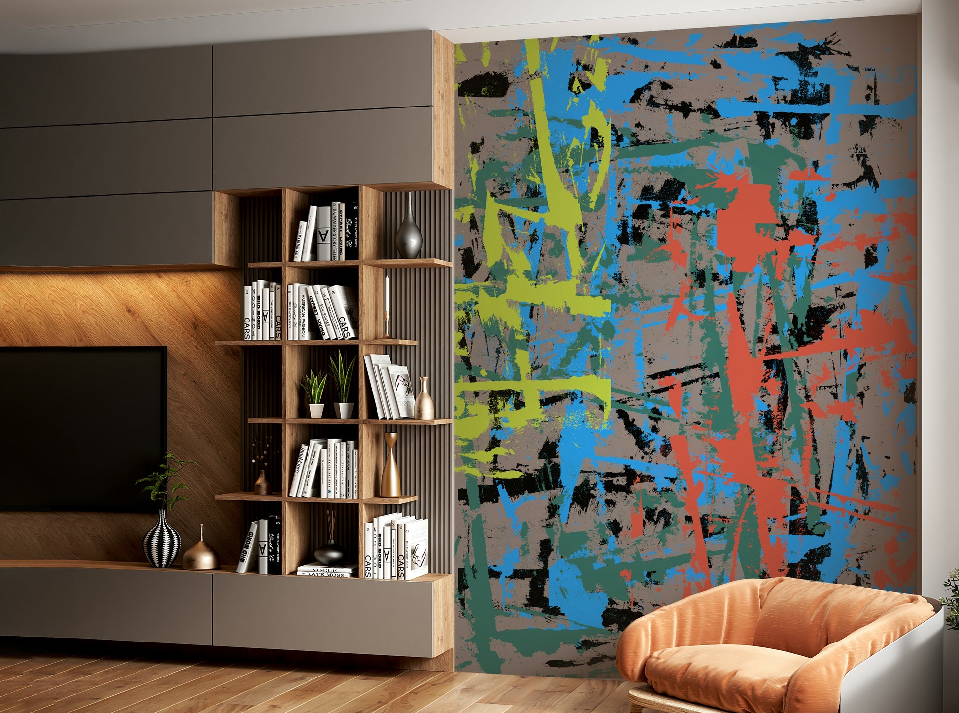 A peaceful flowing design mural on decorative wallpaper.

