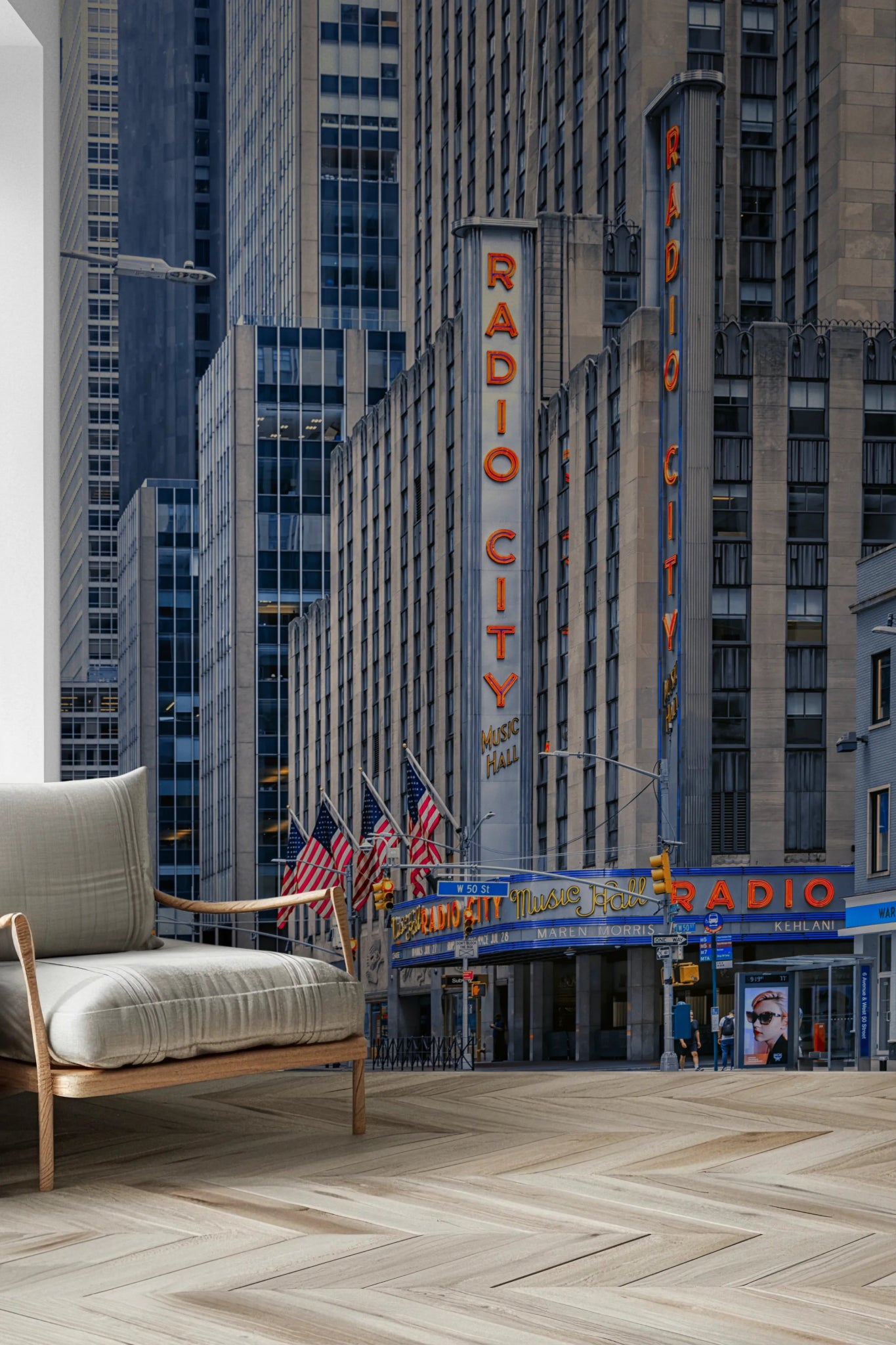 Cityscape wall mural showing Radio City Music Hall