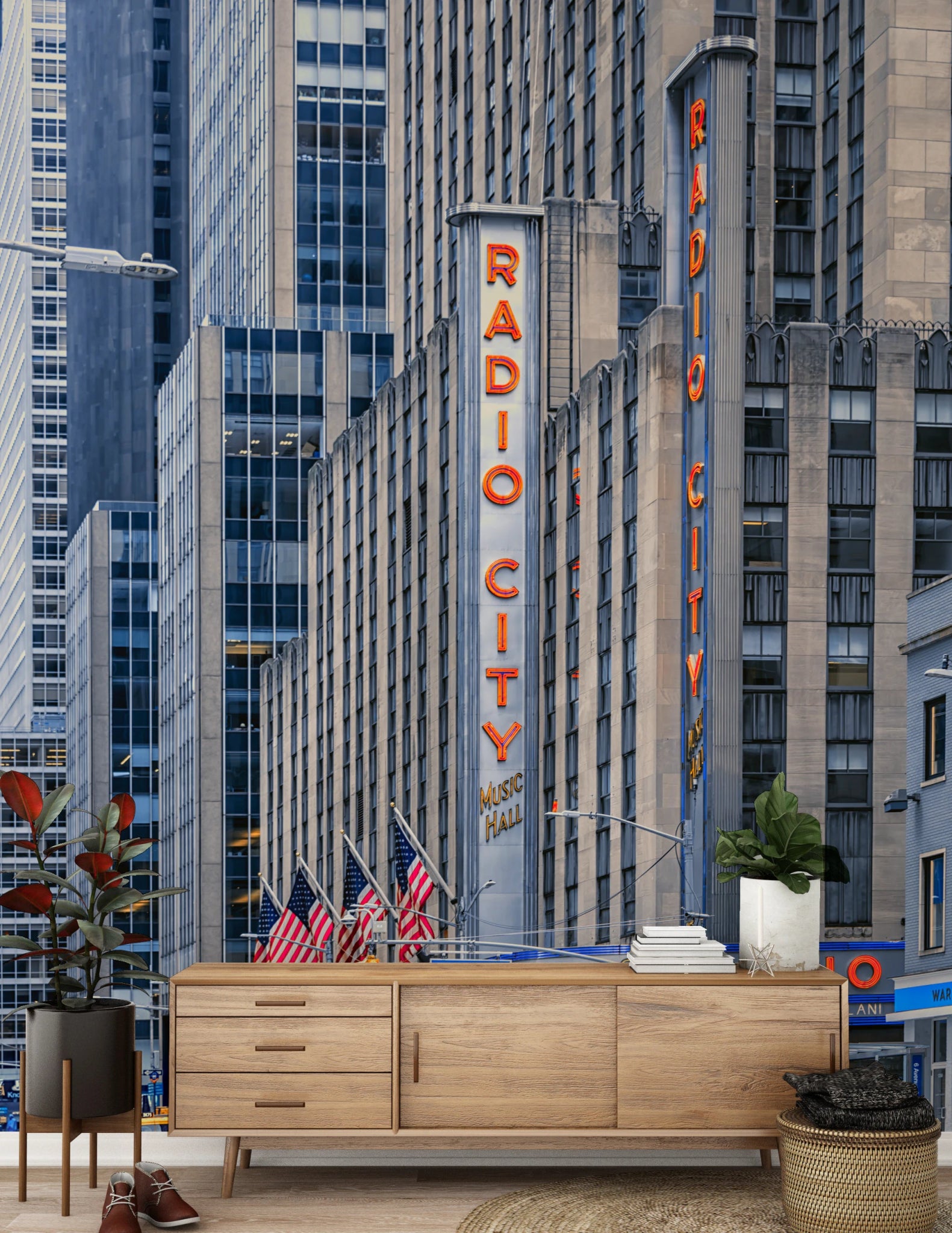 Urban city wall mural with tall buildings and taxis