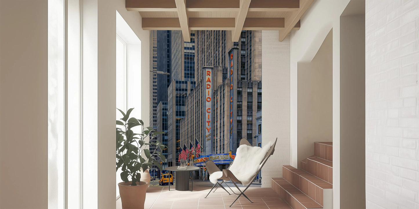 Downtown city wall mural with architectural detail