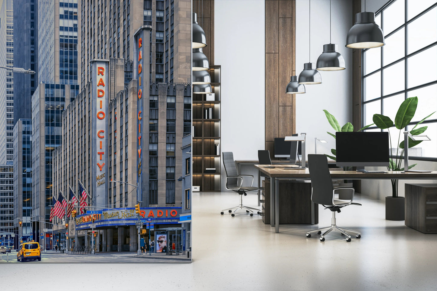 City skyline wall mural featuring Radio City signage