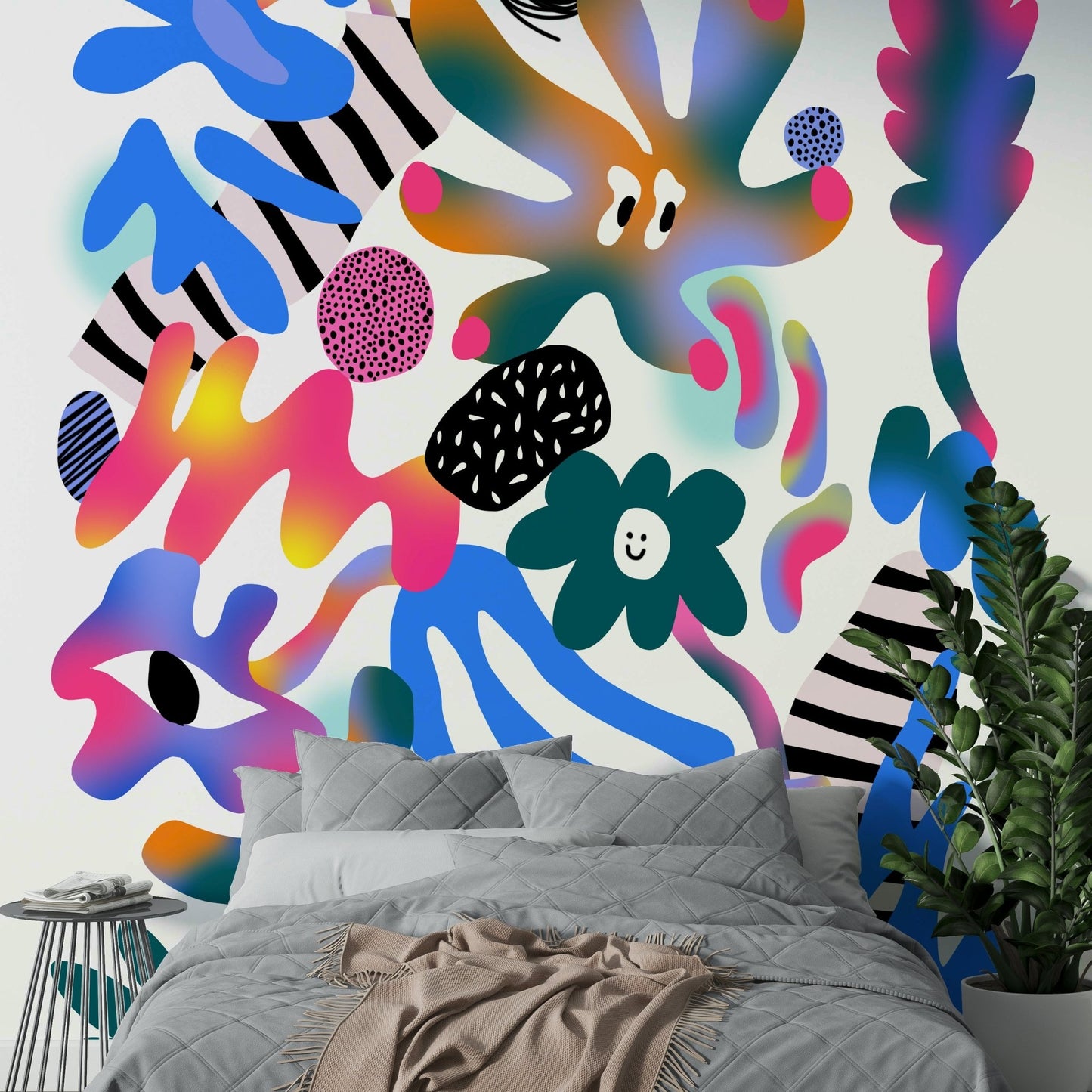 Neon floral design on abstract wall mural

