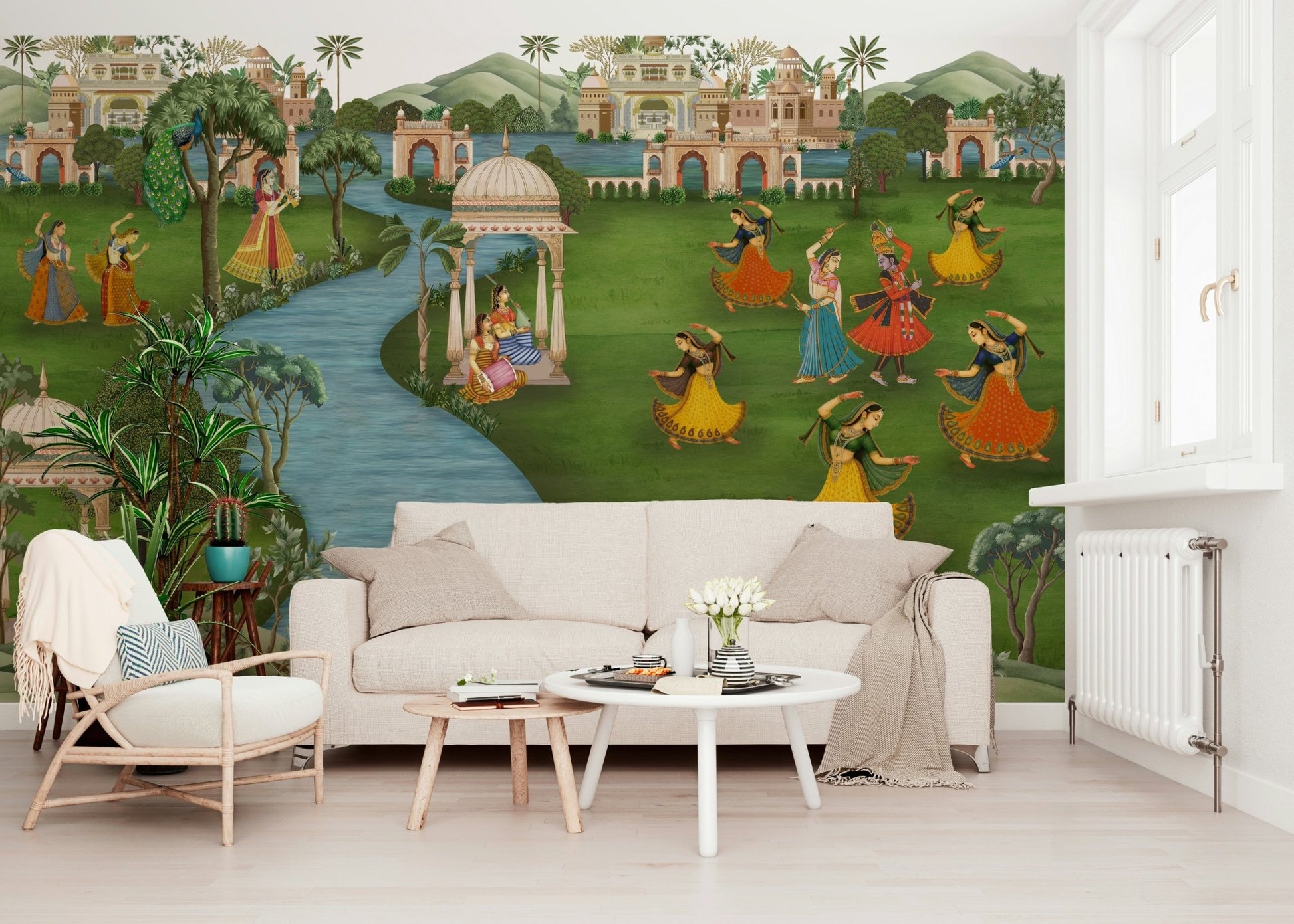 Ragamala Rhythm Wall Mural in modern living room, warm red and beige tones, feature wall behind sofa