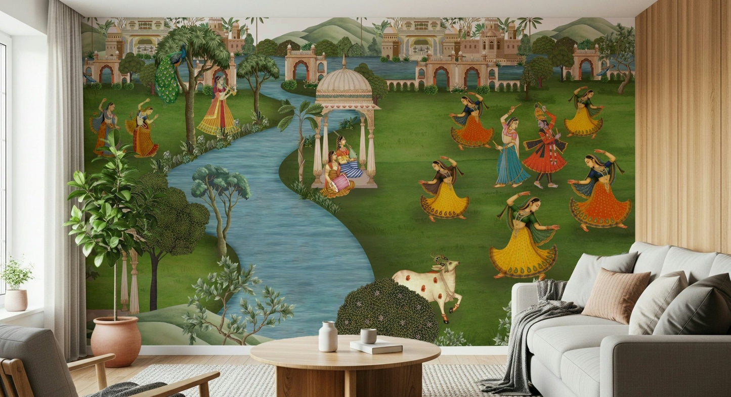 Abstract rhythm pattern wall mural in bedroom, muted terracotta and cream, behind headboard feature wall