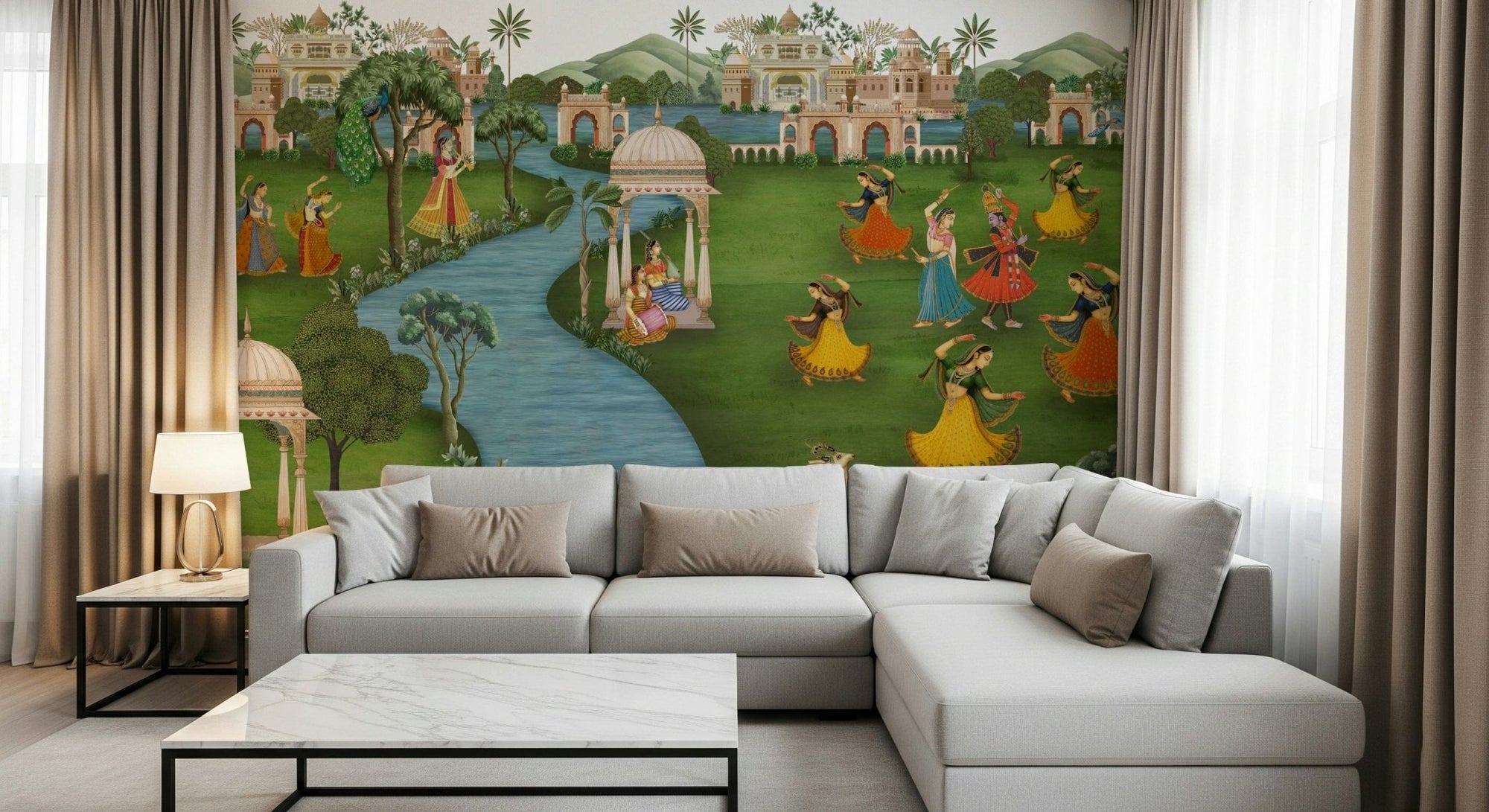 Modern wall mural in reading nook, curved motifs in clay and cream, cosy corner wall styling, GD7534