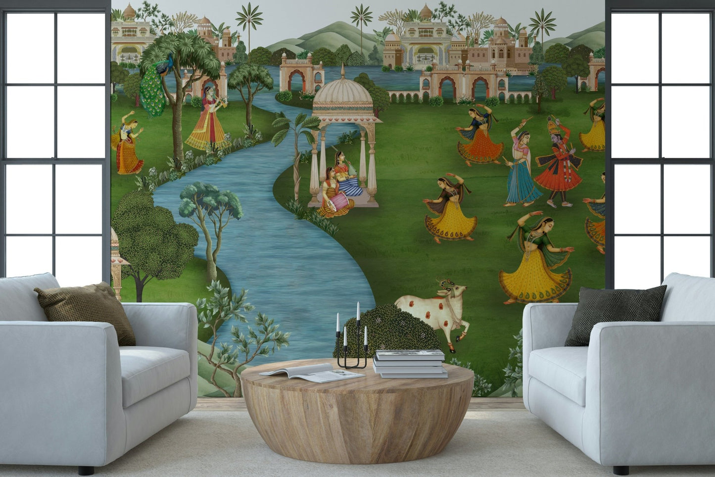 Ragamala Rhythm Wall Mural in lounge, textured rhythm design, warm neutrals, TV wall feature