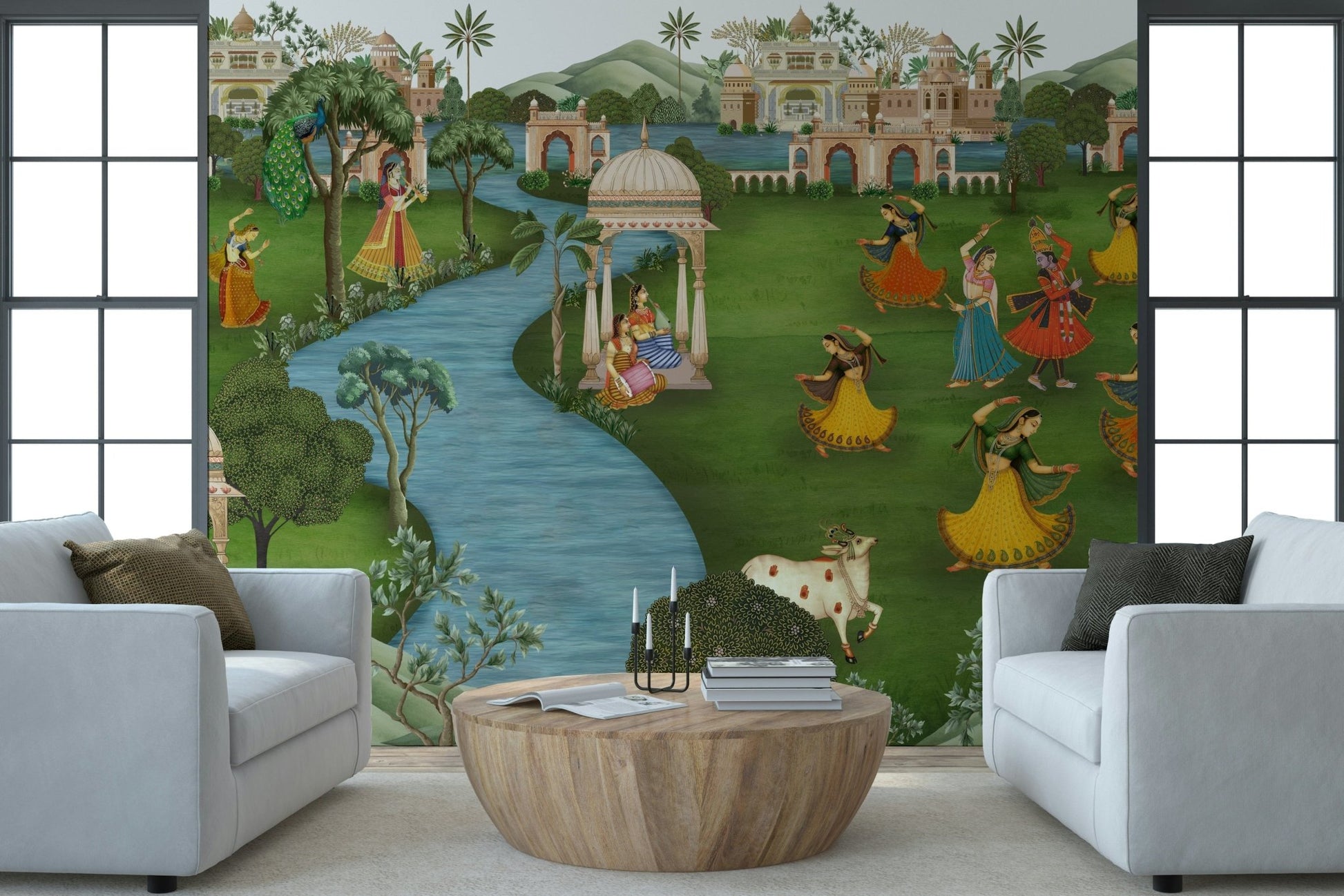 Ragamala Rhythm Wall Mural in lounge, textured rhythm design, warm neutrals, TV wall feature