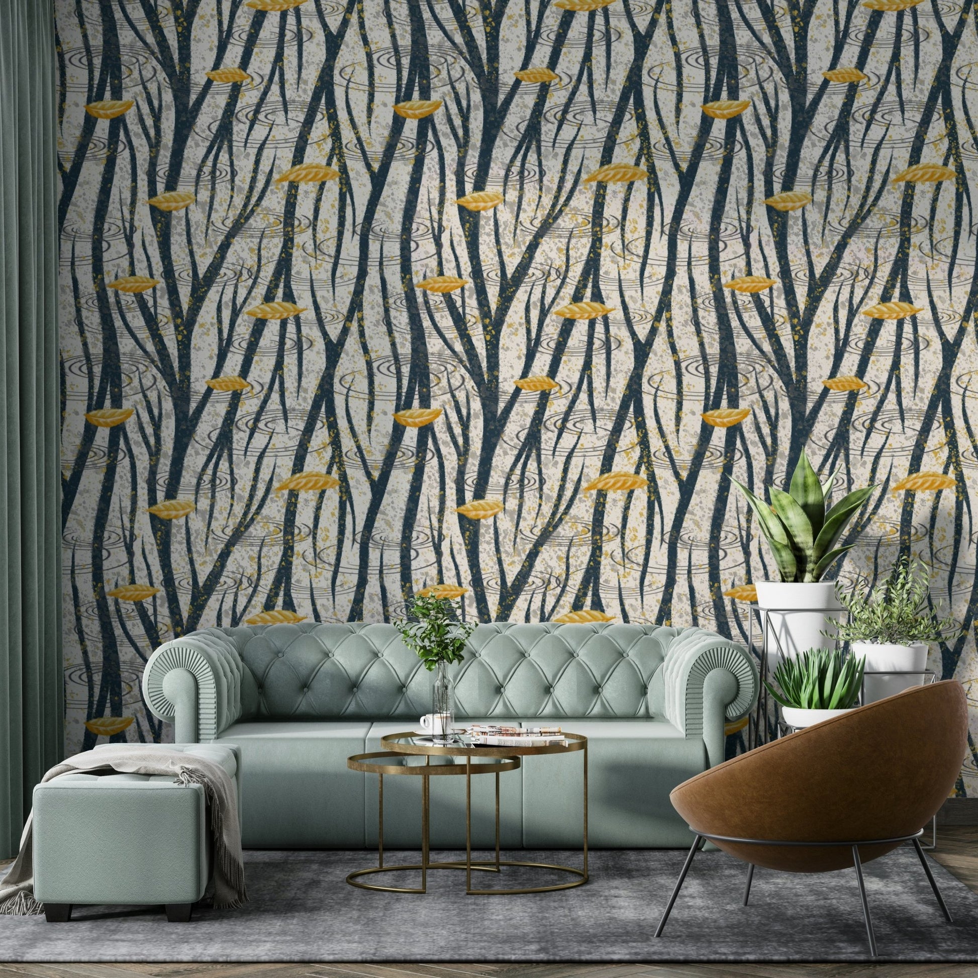 The colors are muted and soft, with a mix of grey, blue, and yellow.

