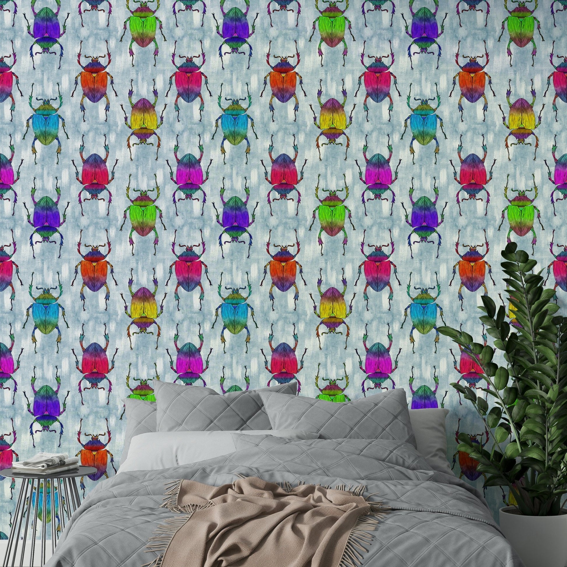 Vibrant rainbow bugs wallpaper with bold blue base.

