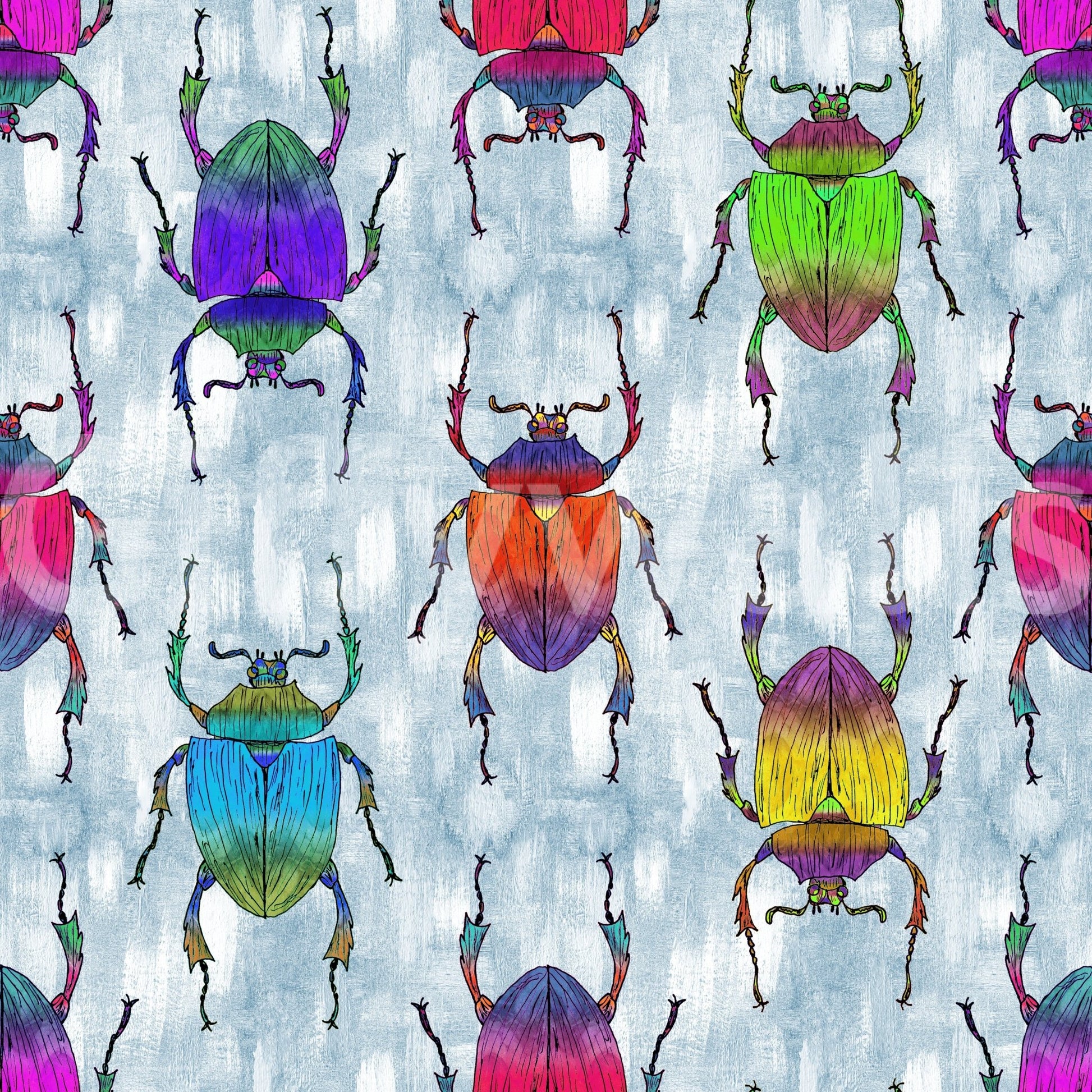 Nature-inspired wall art with colorful bugs and blue tones.

