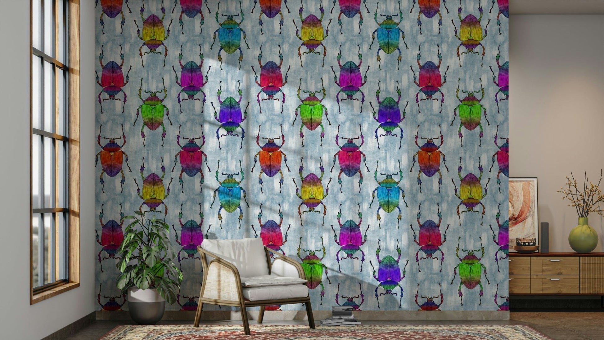 Blue wallpaper with rainbow-colored bugs in playful patterns.


