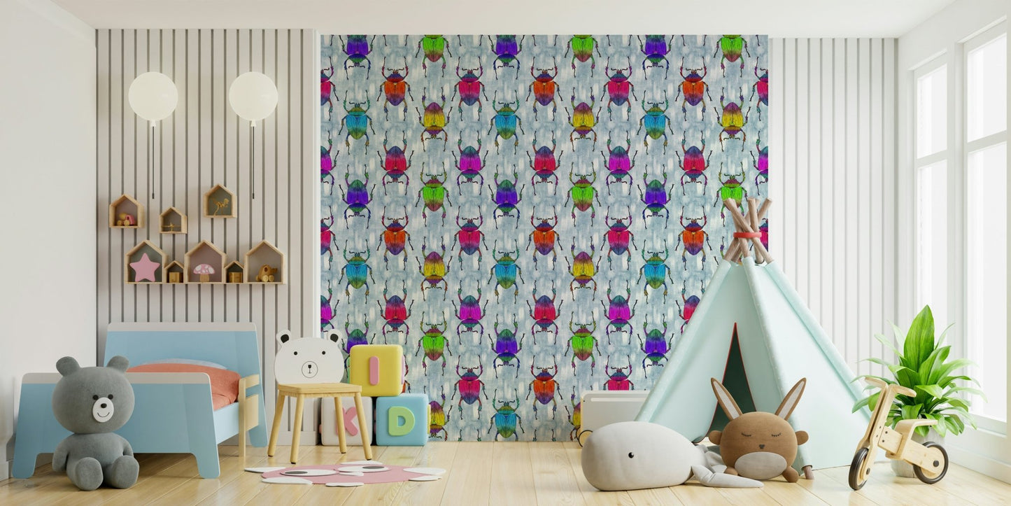 Playful and bold wallpaper showing insects on blue field.

