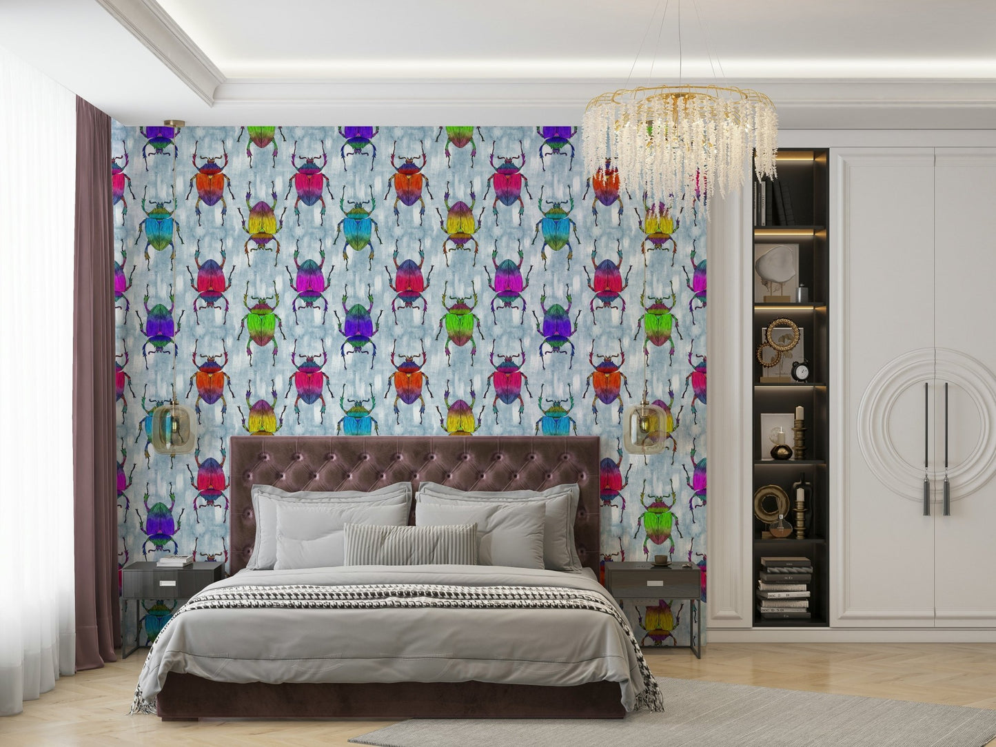 Fun wallpaper design featuring colorful insects on blue.

