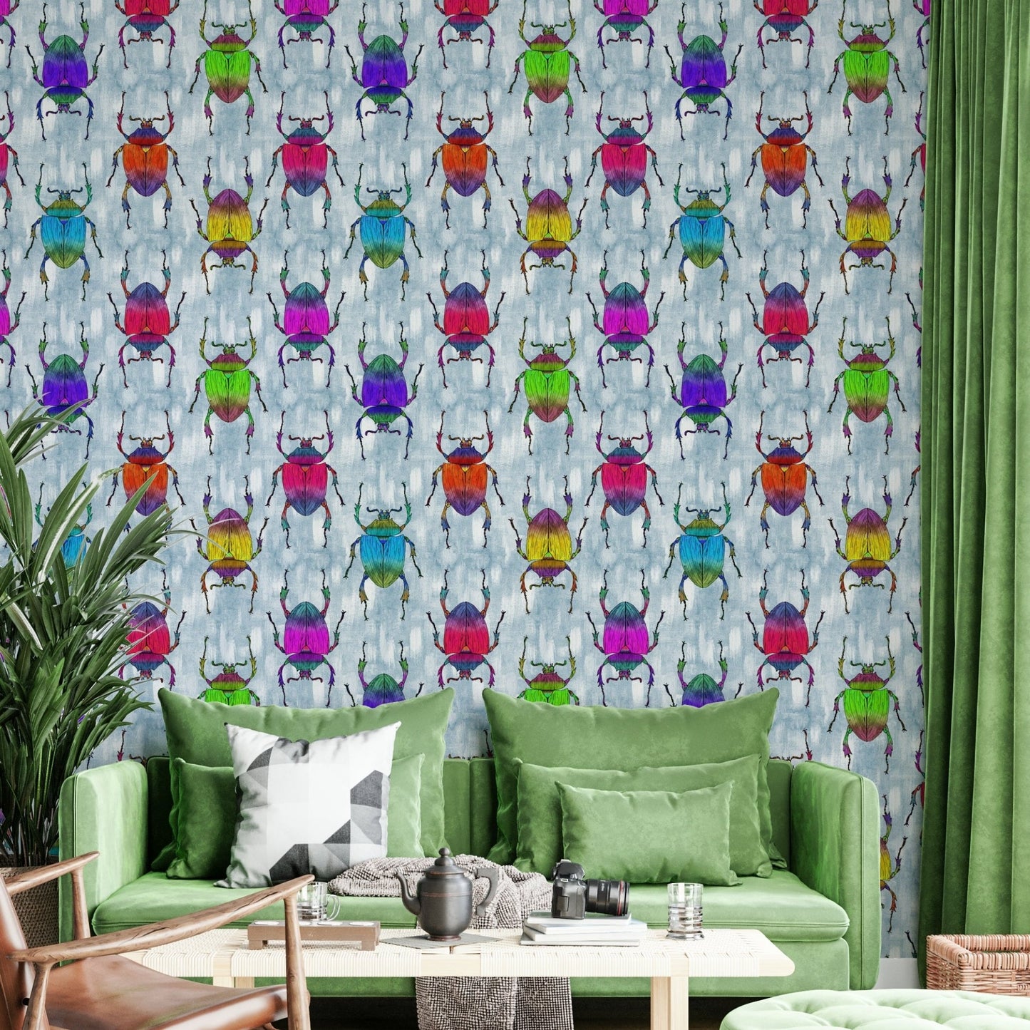 Rainbow beetles and butterflies on cheerful blue wallpaper.

