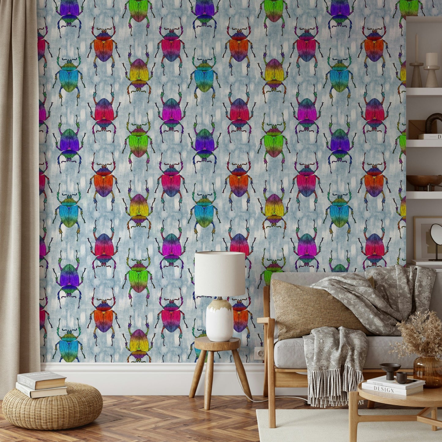 Cartoon-style insects in vivid hues on blue wallpaper.

