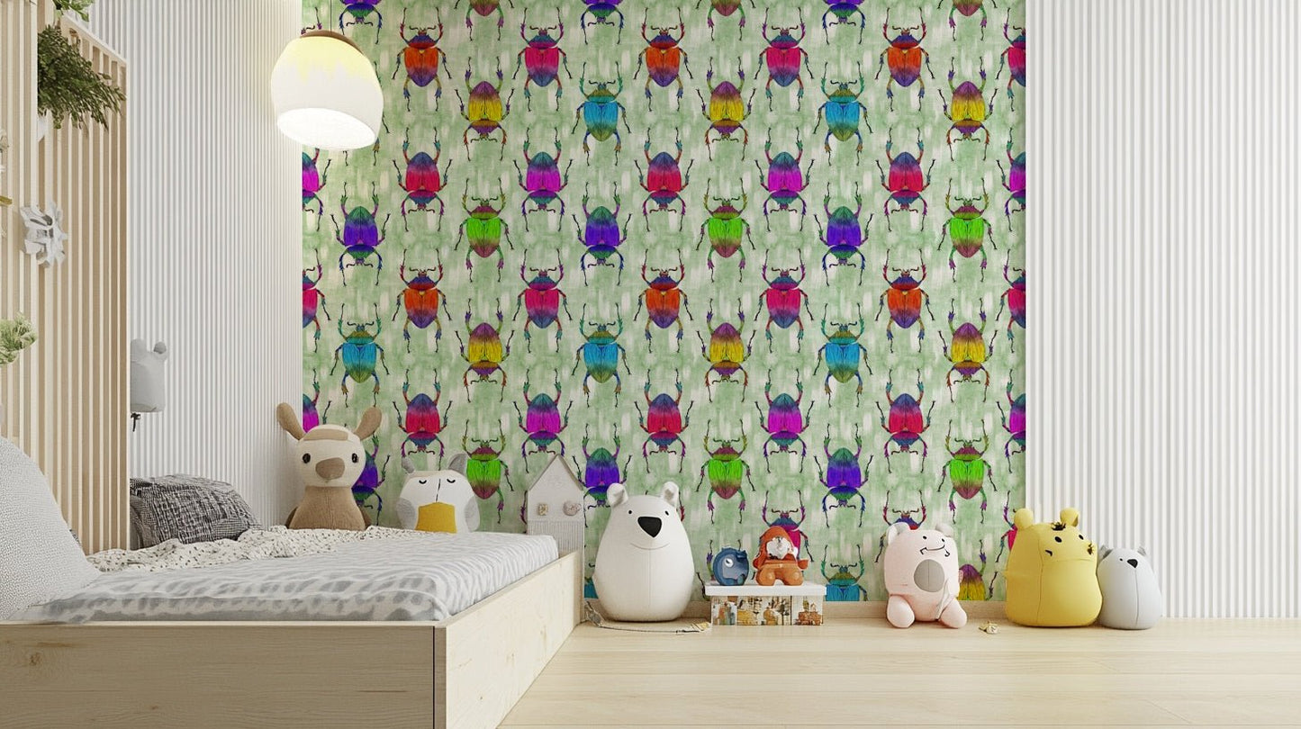 Kids’ wallpaper with multicolored bugs and cheerful style.

