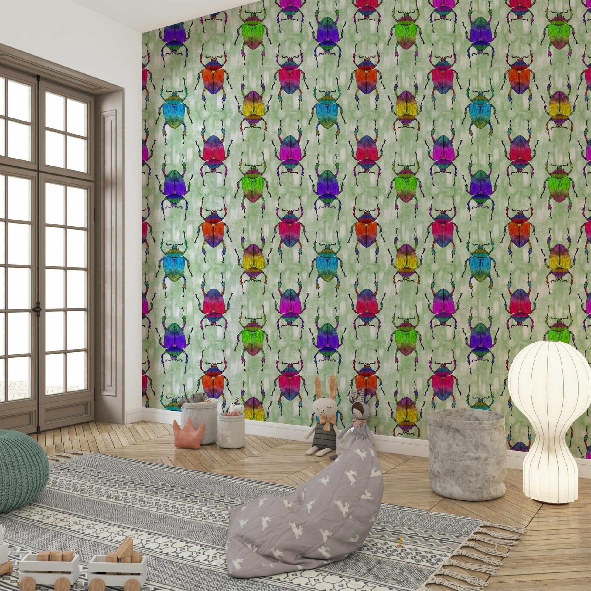 Bold green wallpaper with rainbow beetles and butterflies.


