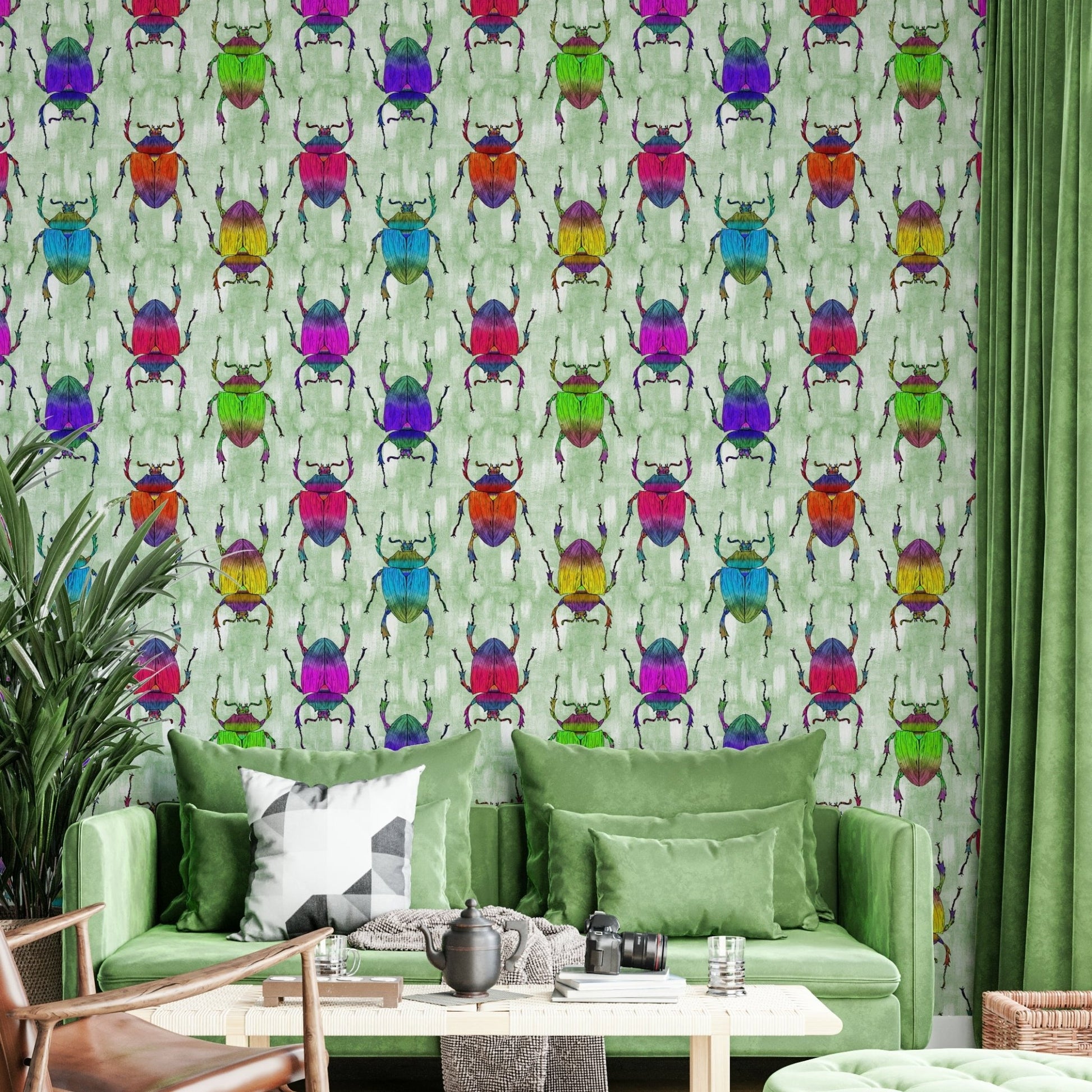 Bright bug-themed wallpaper with a bold green base.

