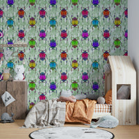 Playful nature wallpaper with crawling insects in bright hues.