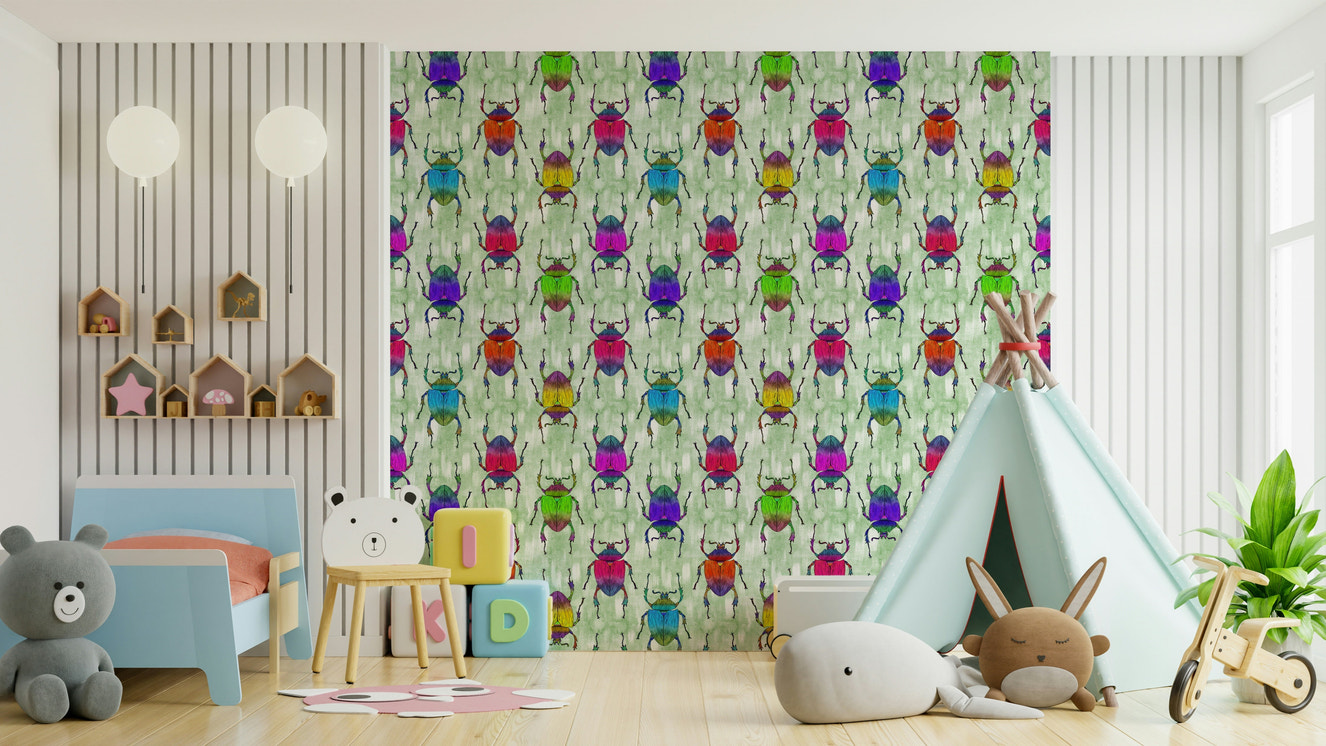 Green wallpaper with rainbow-colored bugs crawling playfully.

