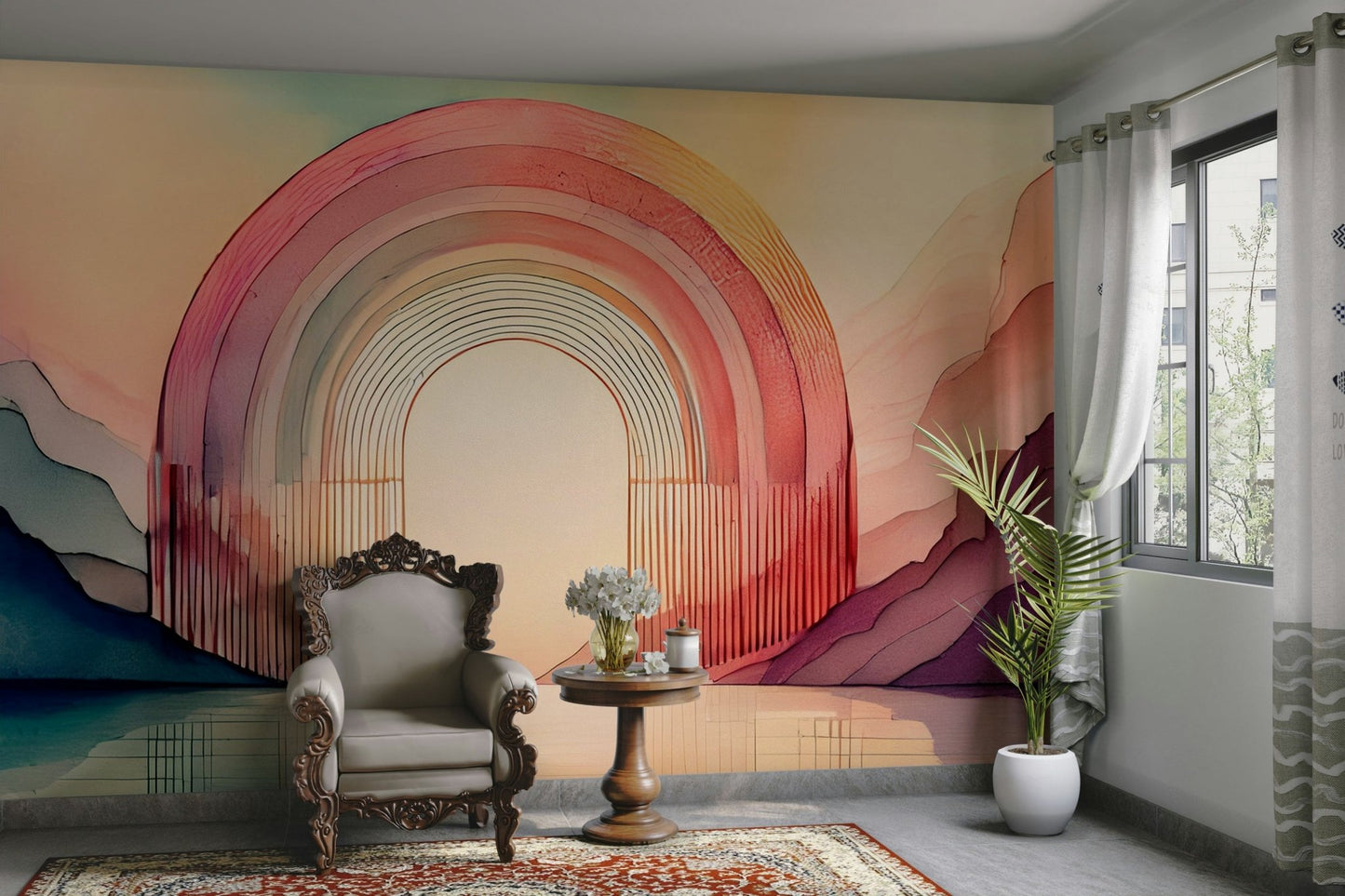 Colorful rainbow arch mural design for bright walls

