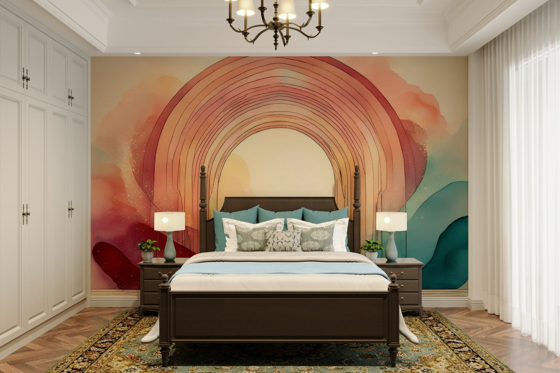 Rainbow Dream Portal Mural adds vibrant charm.

