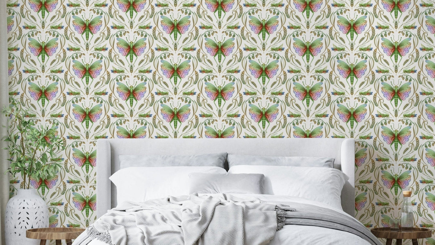 Rainbow Grasshopper Damask Light wallpaper detail

