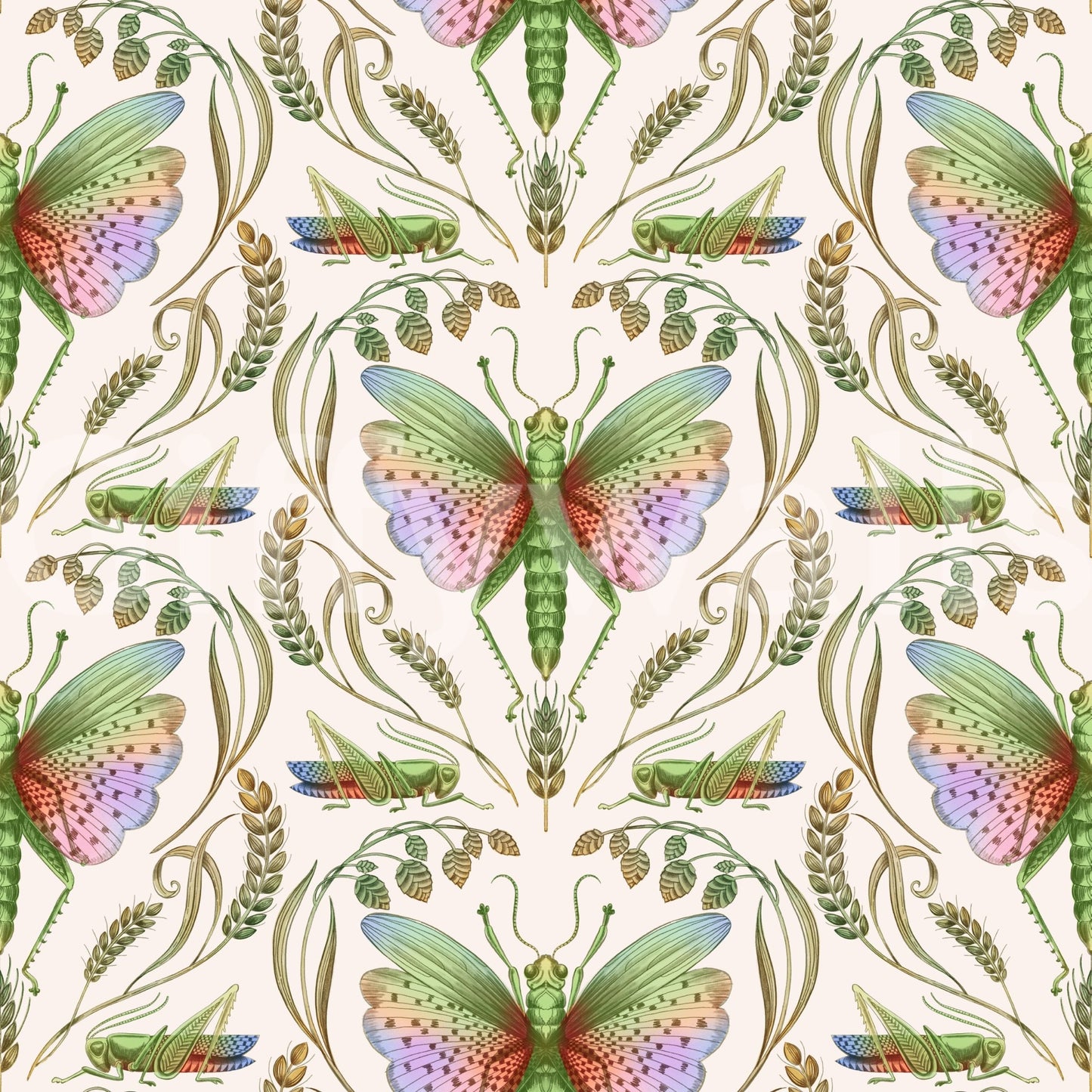 Wallpaper mural with damask and insects

