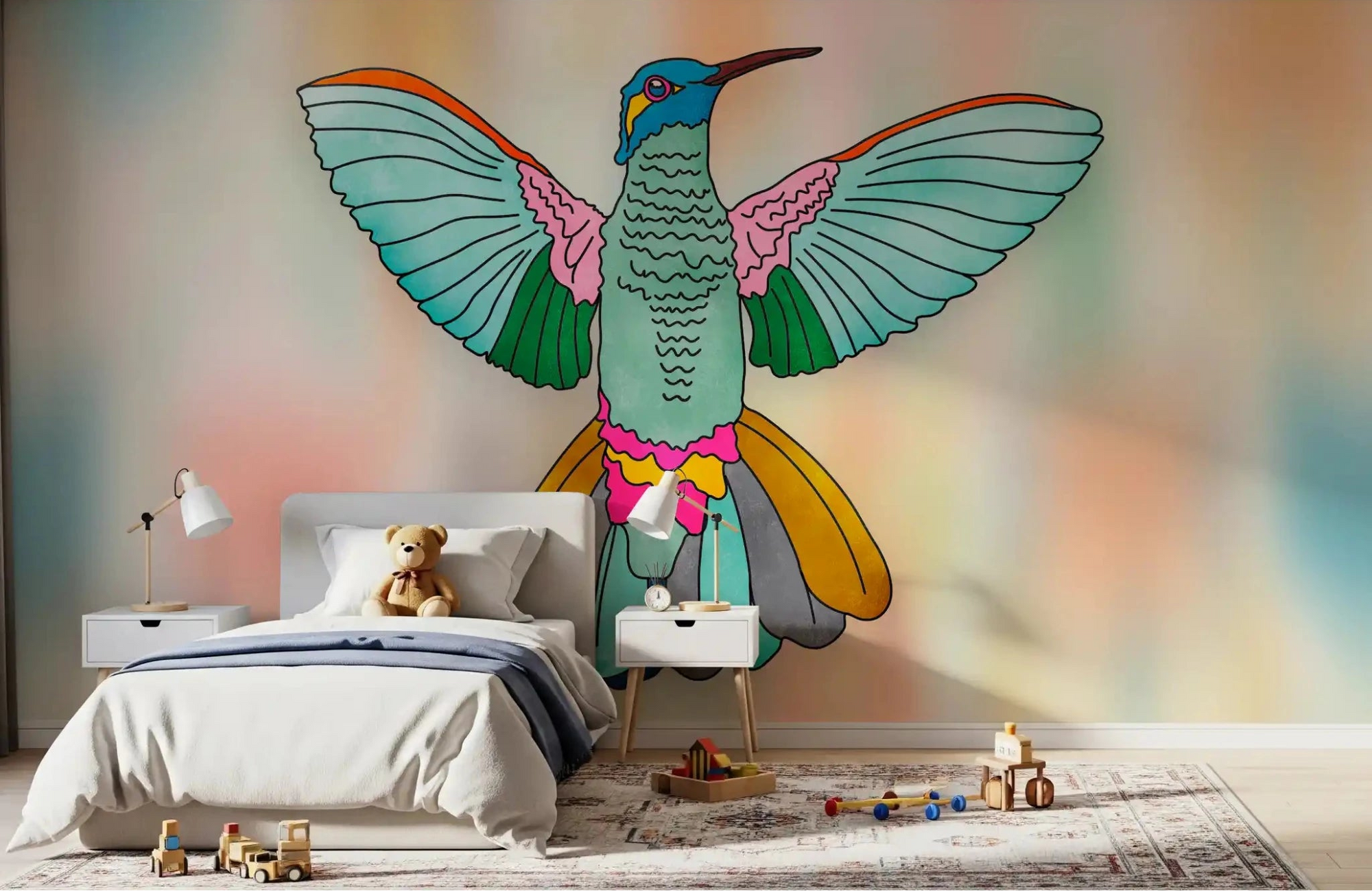 A kids bedroom feels playful and bright with the Rainbow Hummingbird wall mural GD9137
