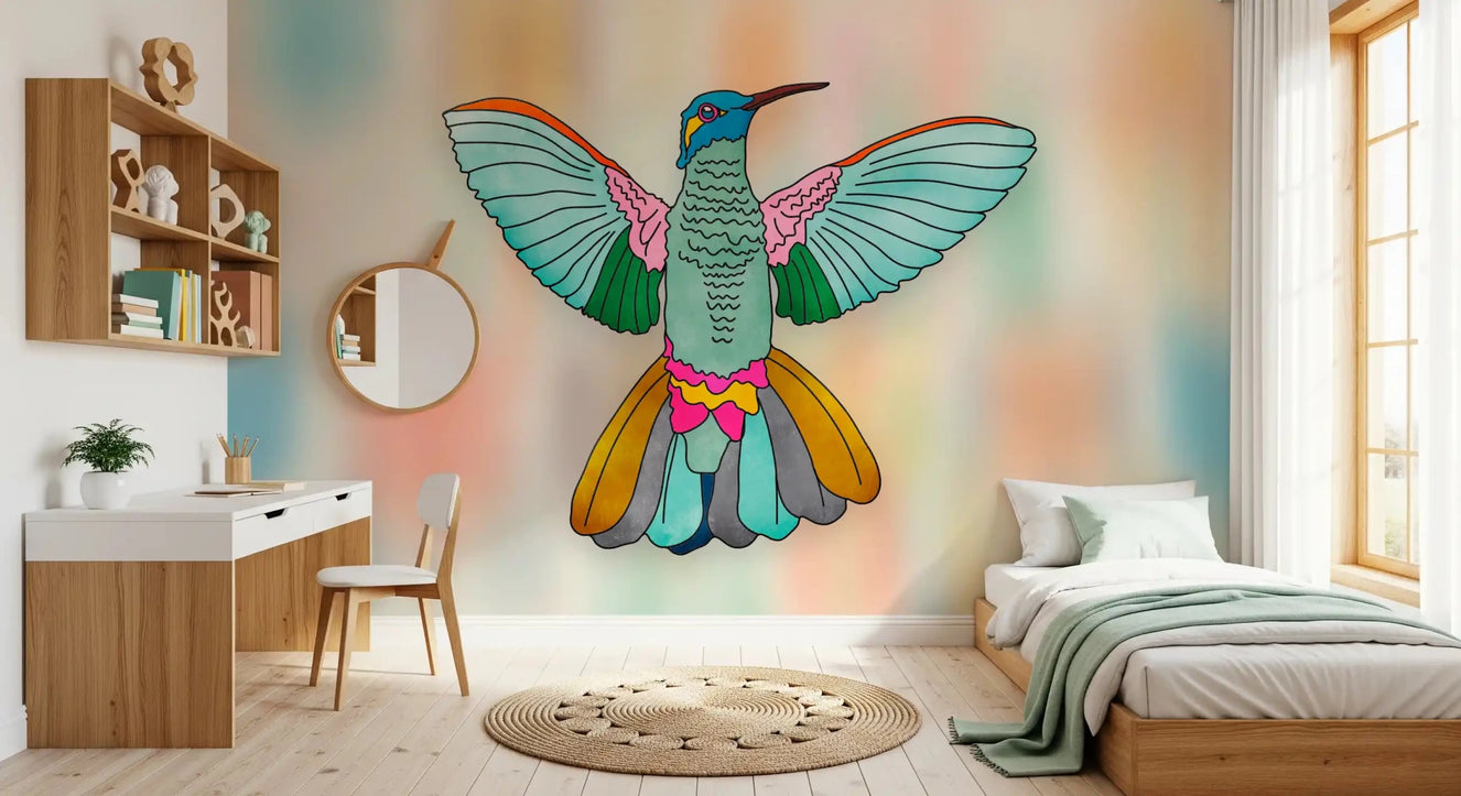 The childrens room takes on a colorful artistic edge from this Hummingbird wall mural GD9137