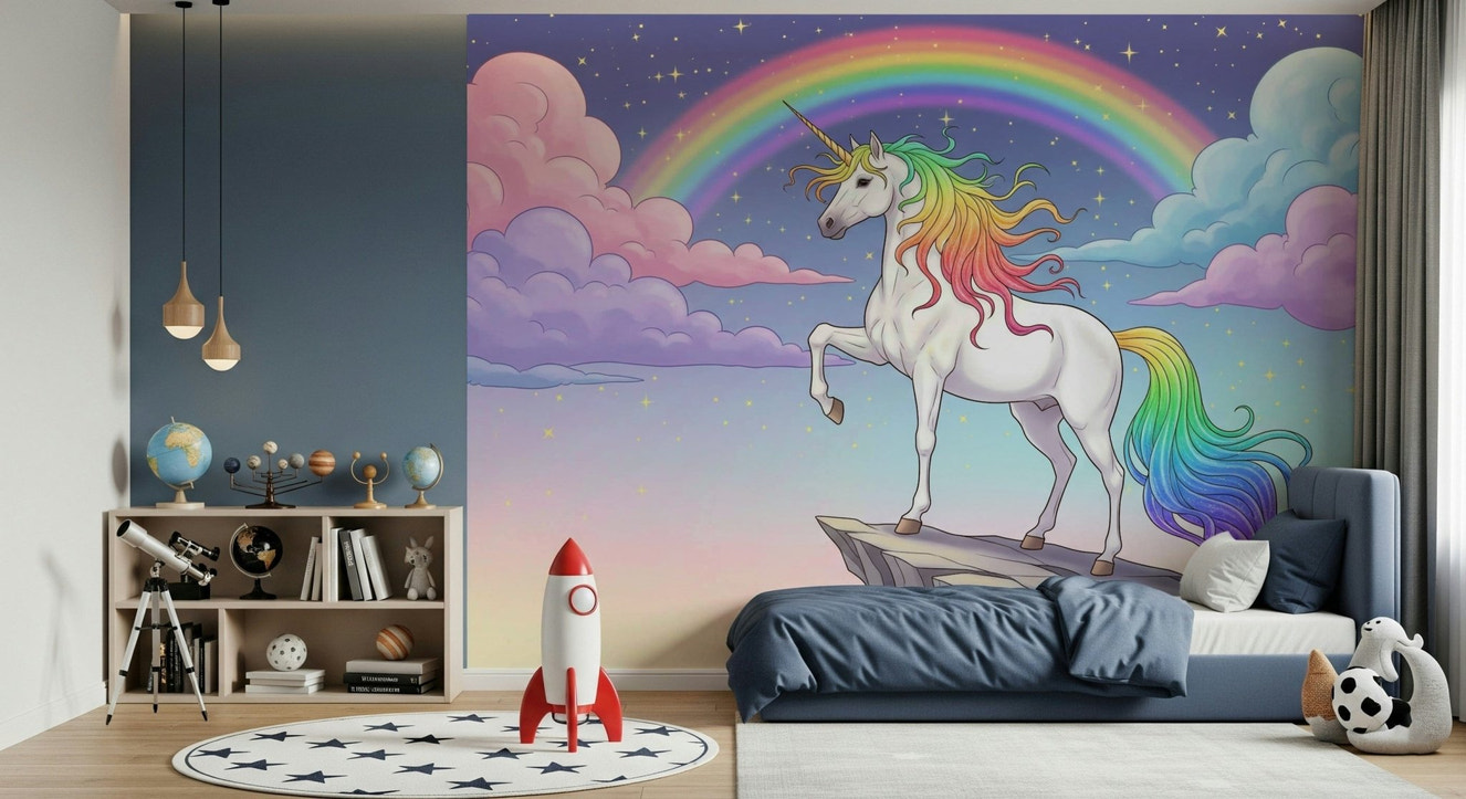 Rainbow Majesty wallpaper for walls featuring a mythical stallion atop jagged cliffs.