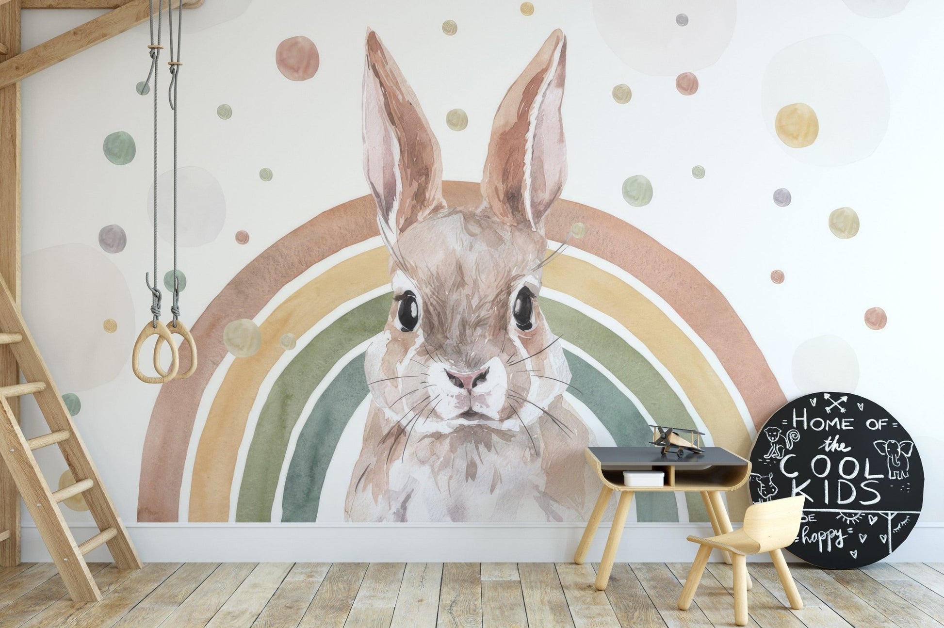 Sweet rabbit mural with rainbow design, C115