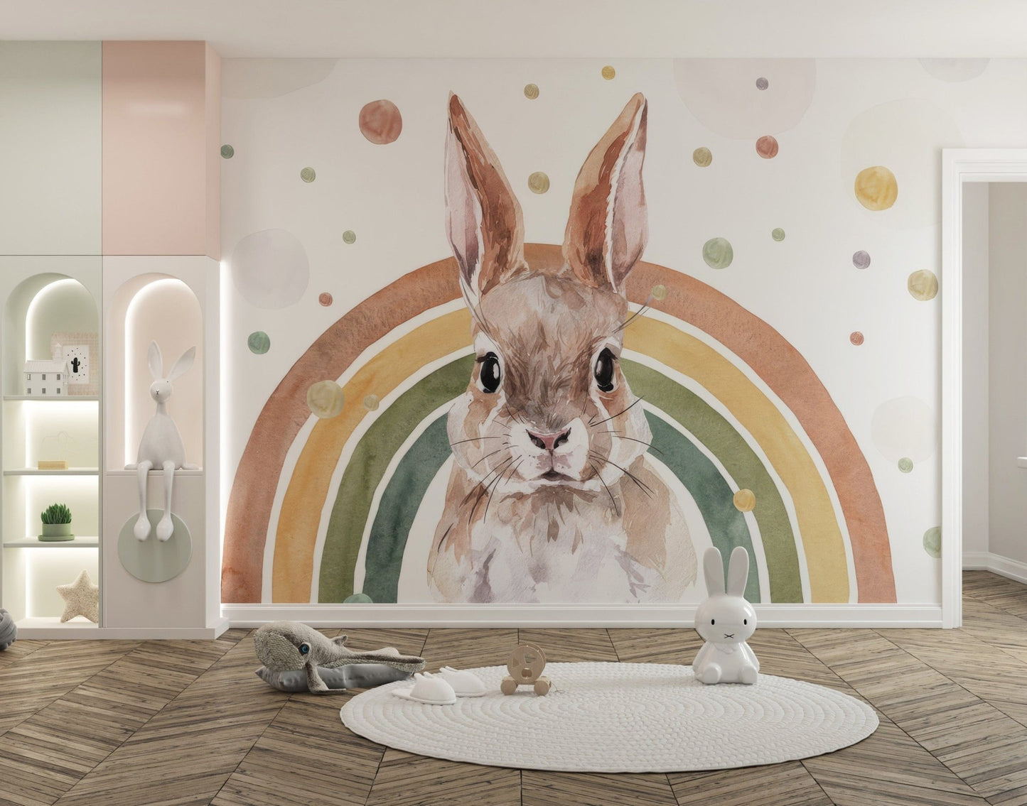 Watercolor rabbit mural with soft rainbows, C115