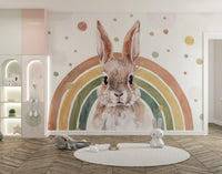 Watercolor rabbit mural with soft rainbows, C115