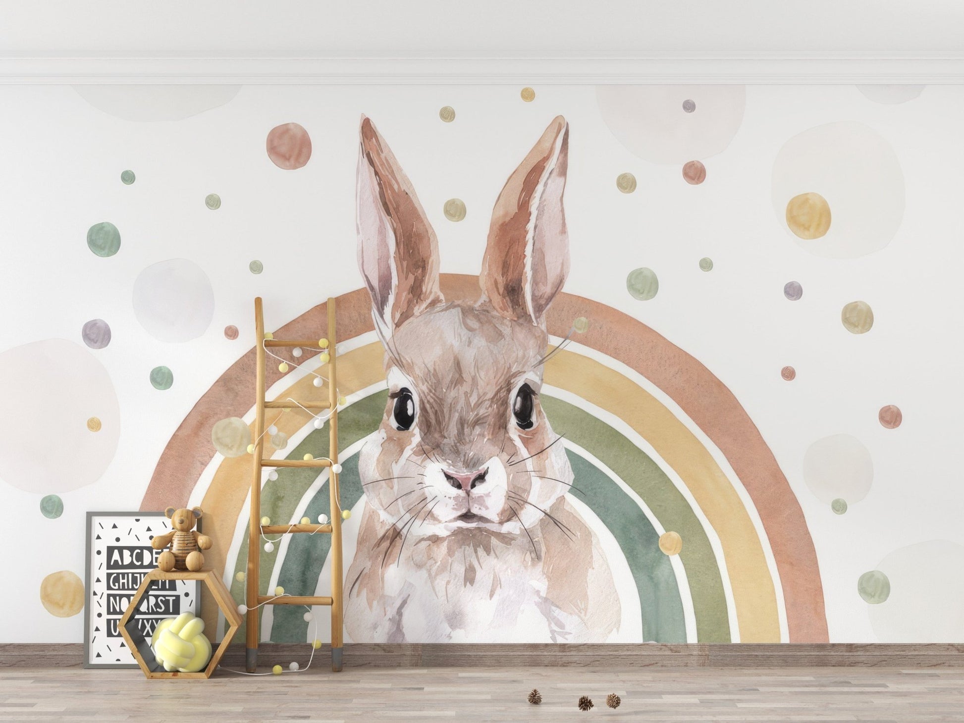 Soft watercolor bunny mural with rainbows, C115