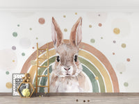 Soft watercolor bunny mural with rainbows, C115