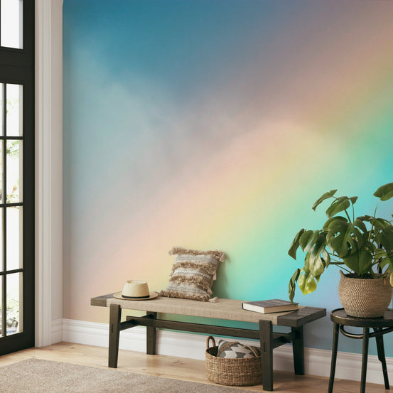 Rainbow wall mural showing a soft diagonal rainbow across a pastel sky GD4947
