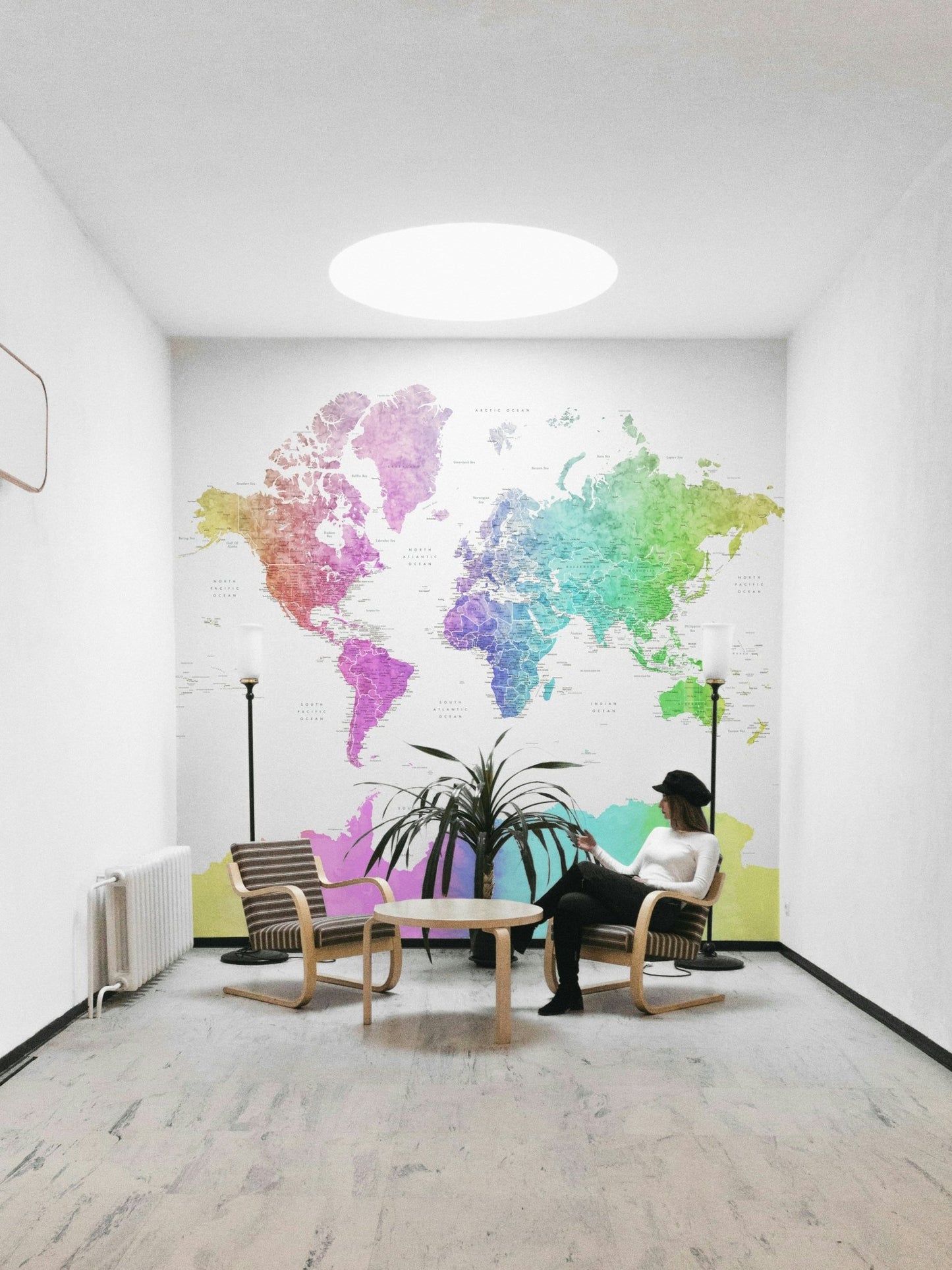Watercolor rainbow world map decor

