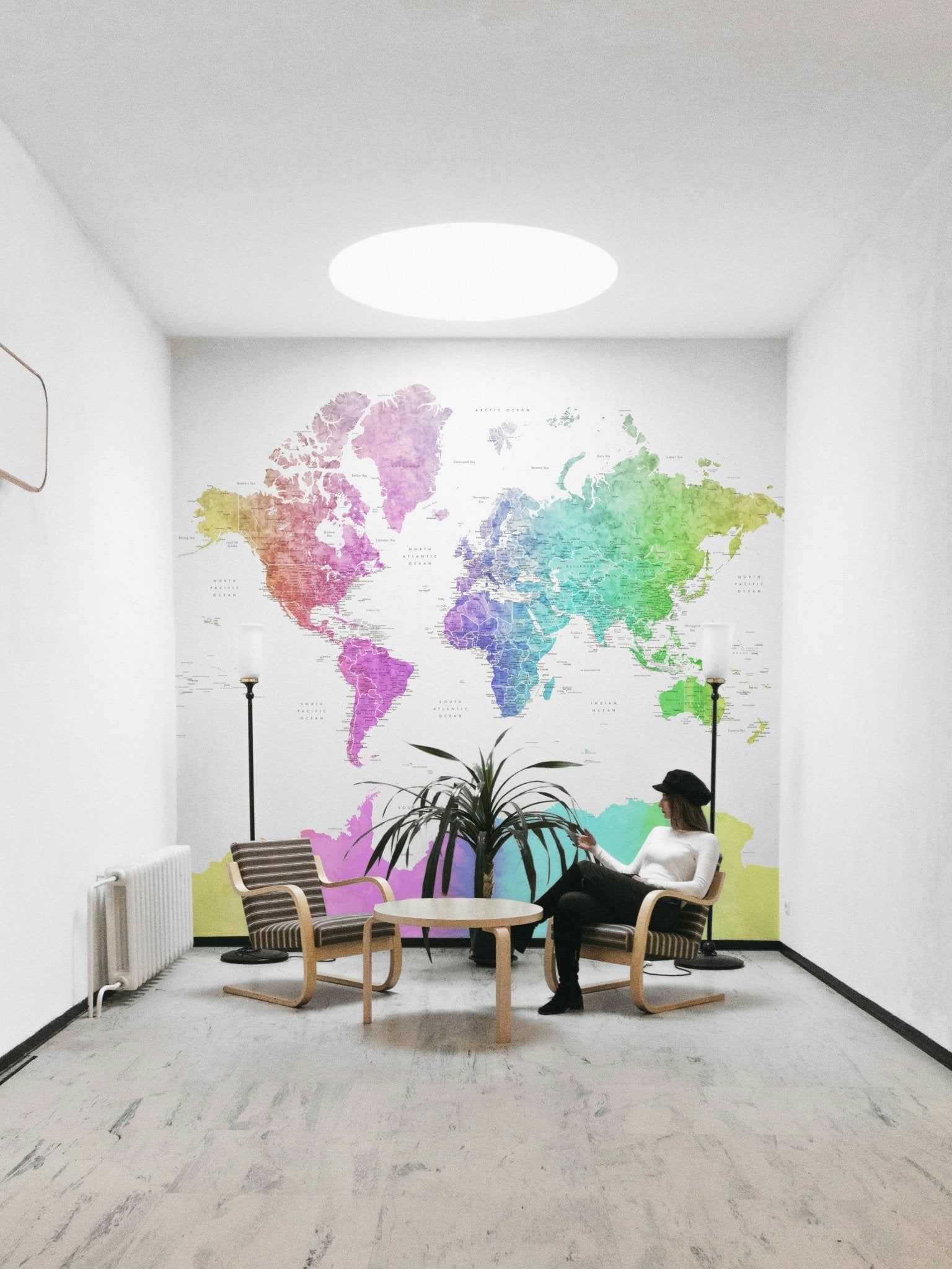 Watercolor rainbow world map decor

