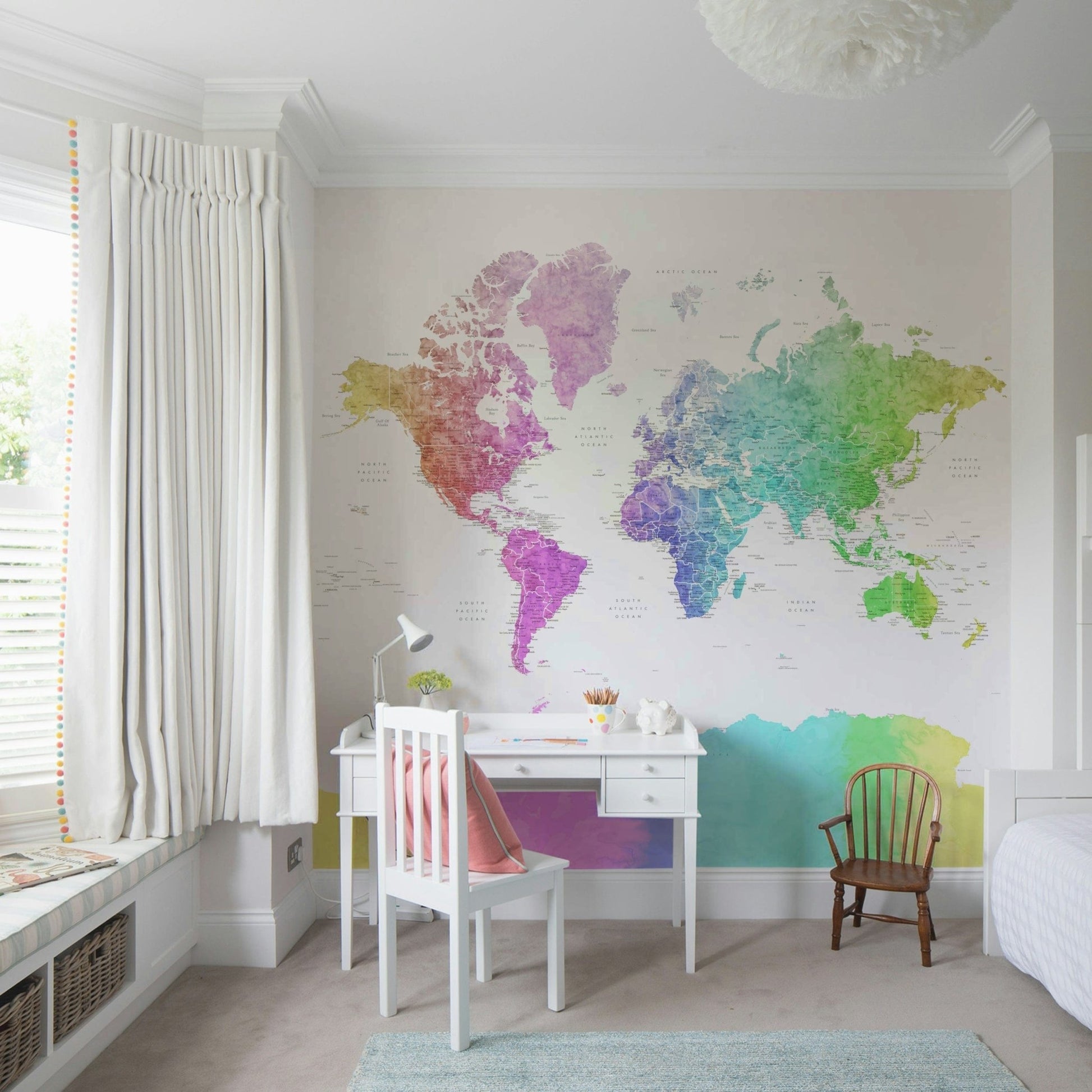 Rainbow watercolor world map wallpaper

