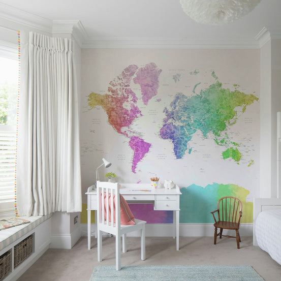 Rainbow watercolor world map wallpaper GD221


