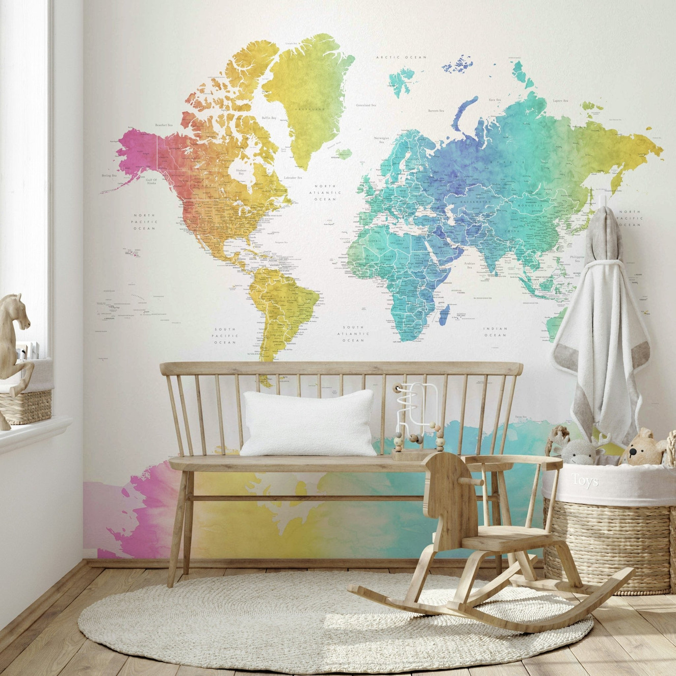 Rainbow watercolor world map wall art


