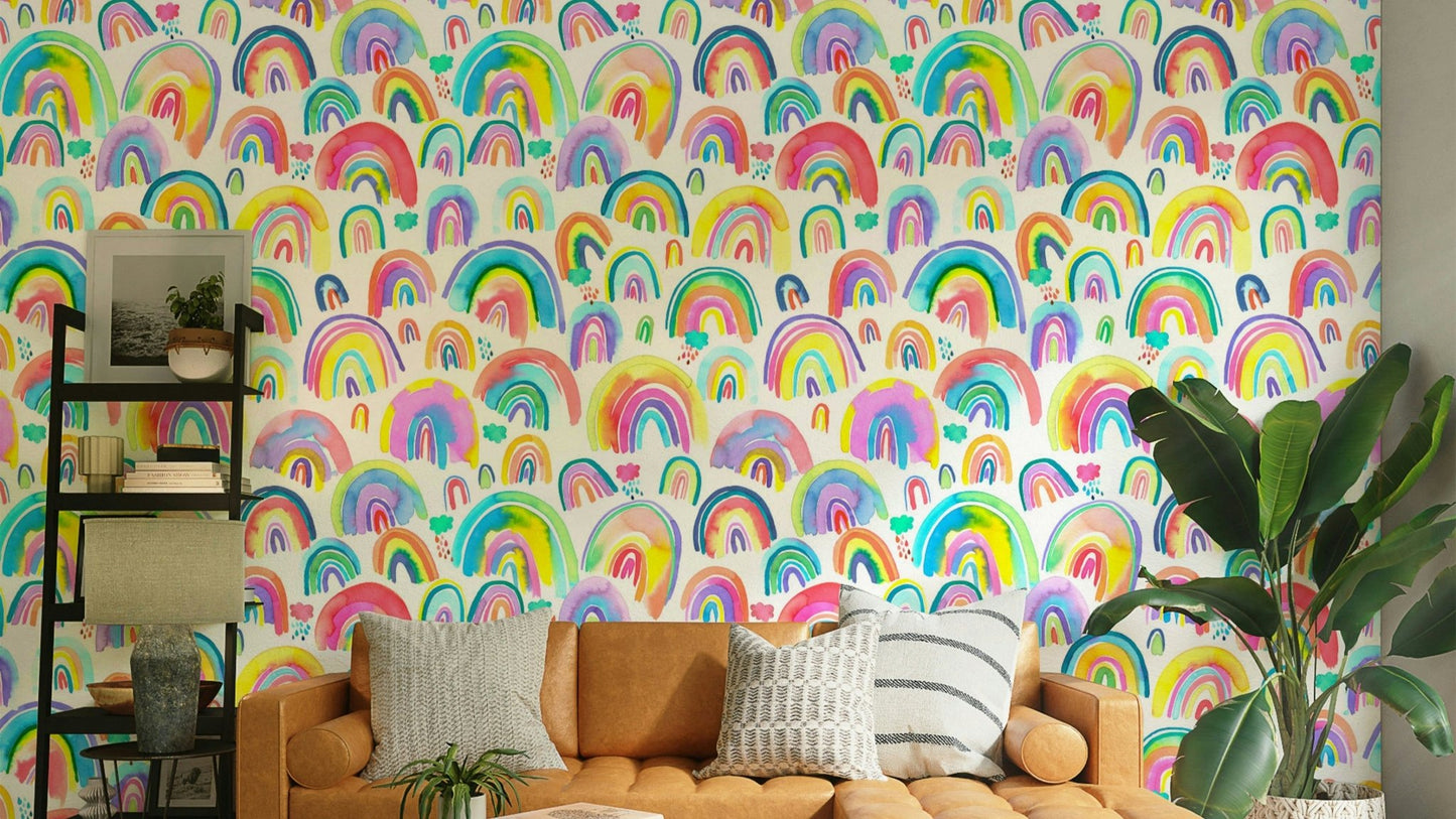 Bright and cheerful watercolor rainbow wall covering


