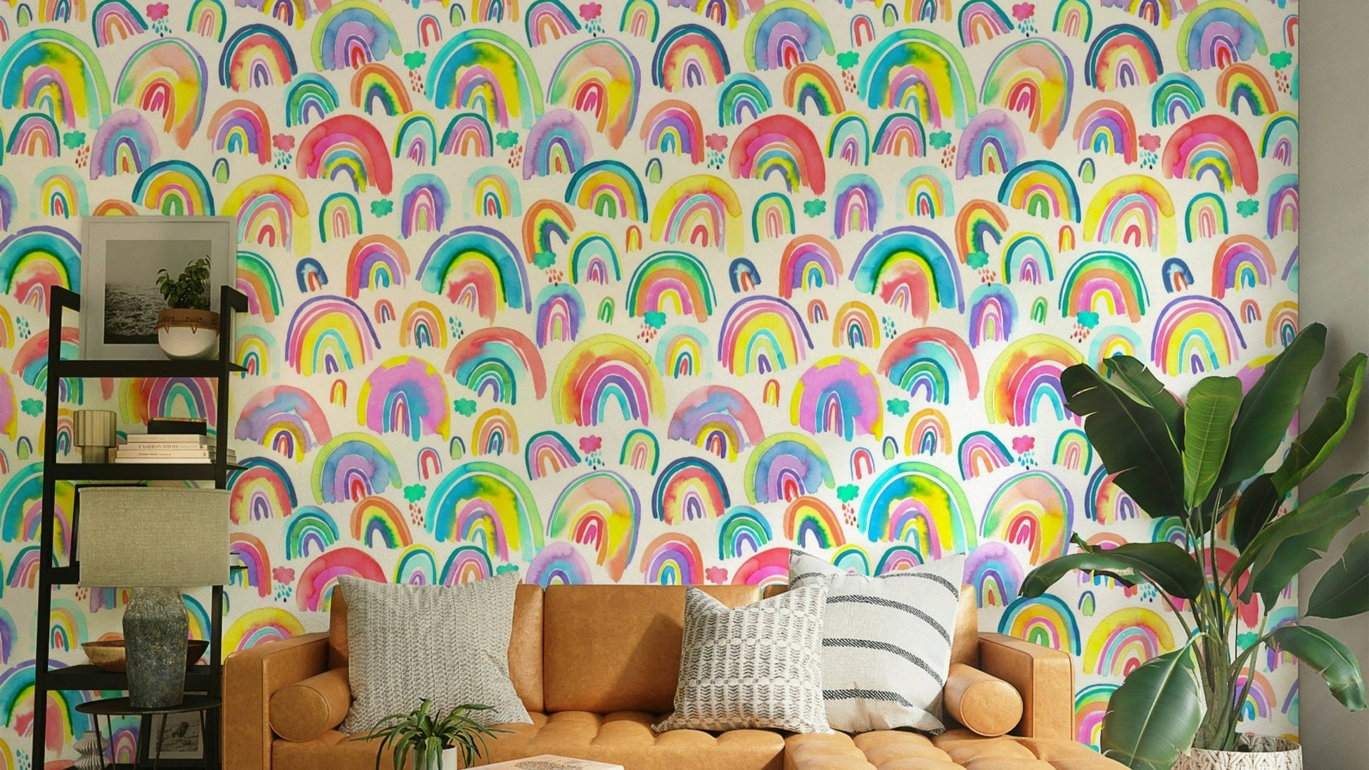 Bright and cheerful watercolor rainbow wall covering

