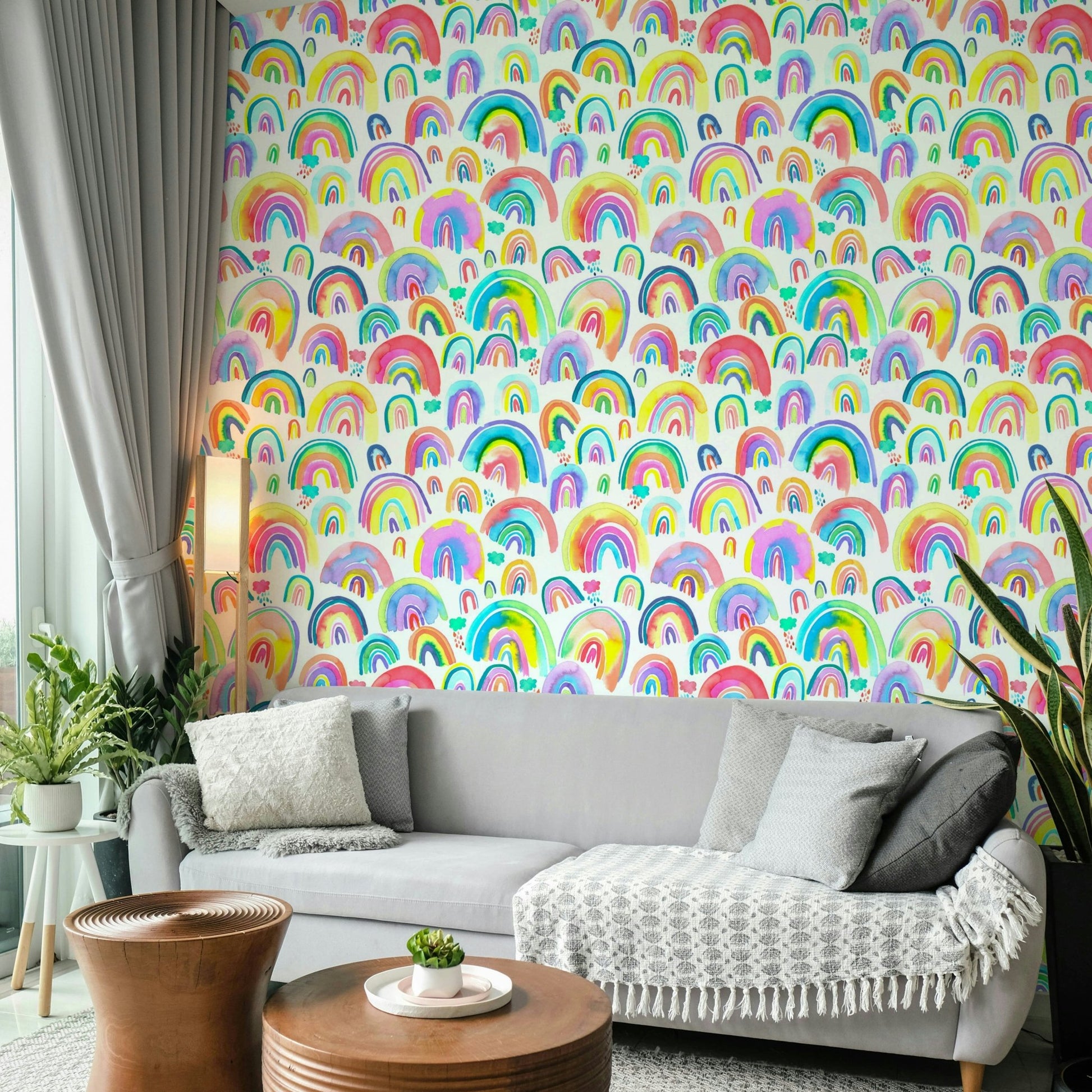 Neon rainbow watercolor wallpaper for vibrant rooms

