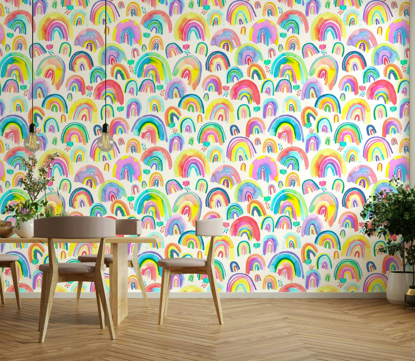 Multicolor neon rainbow wallpaper in watercolor art

