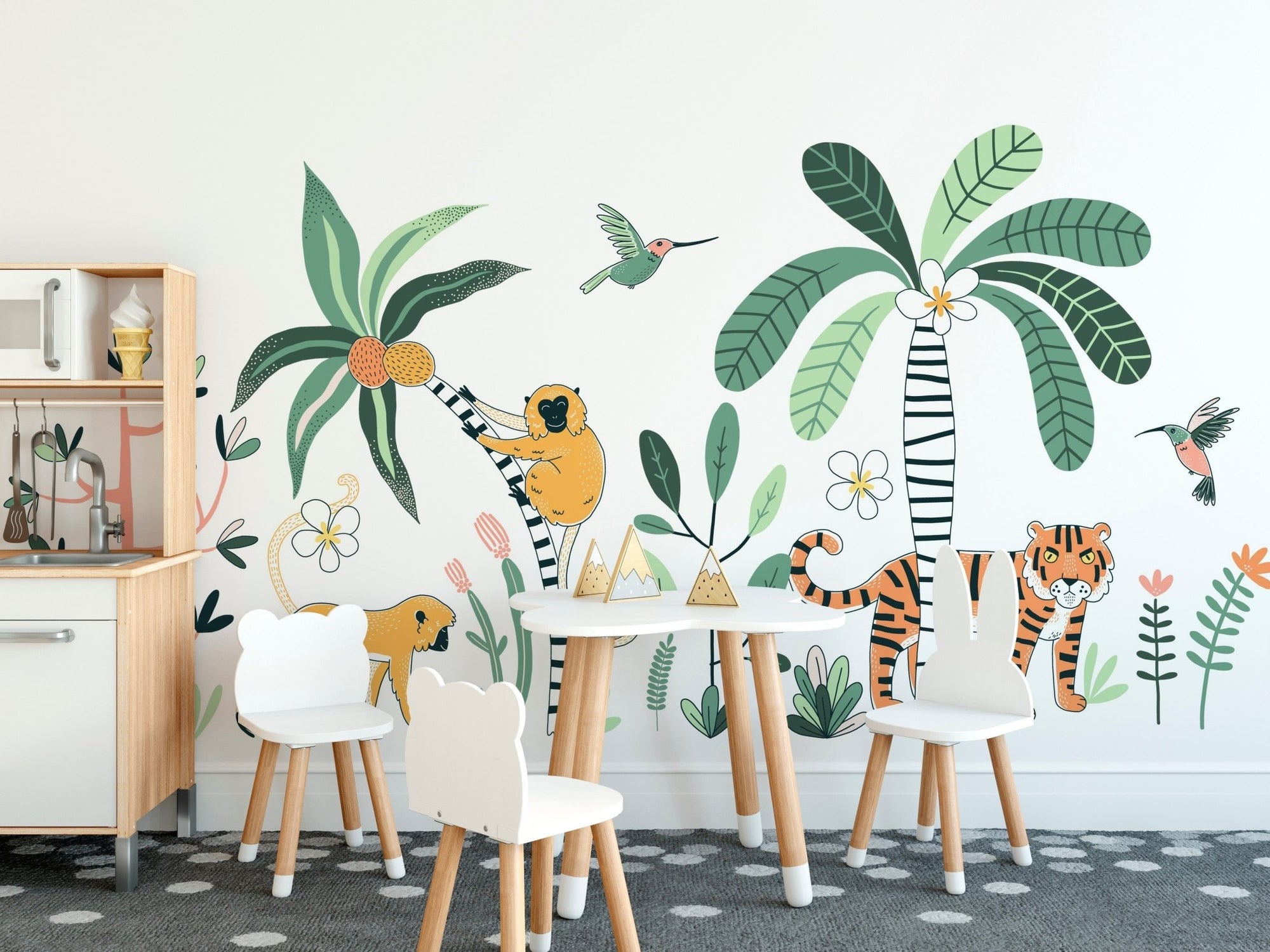 Wildlife mural wallpaper with tiger and palm trees. A773